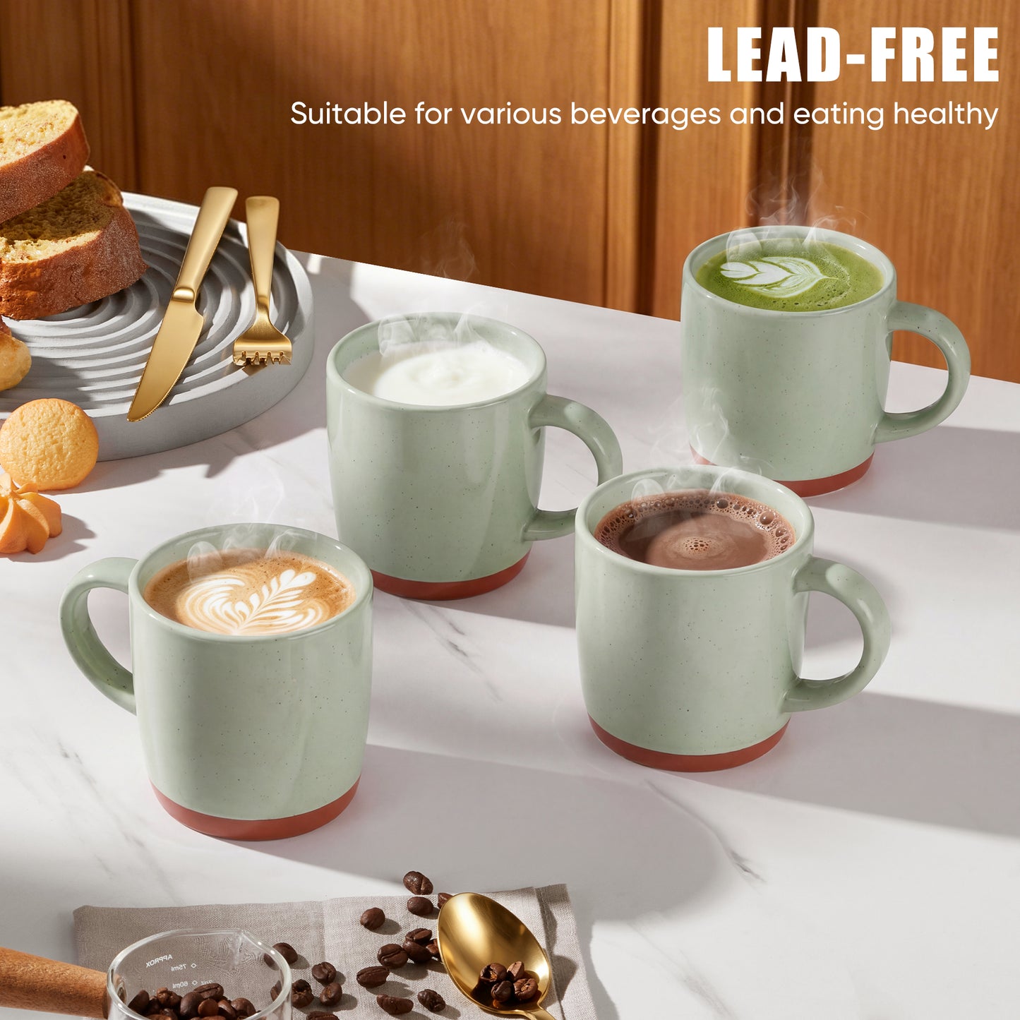Vesteel Coffee Mugs Set of 4, 12oz Ceramic Coffee Cup with Handle, Modern Stoneware Mugs for Latte, Cappuccino, Cocoa, Dishwasher & Microwave Safe, Light Green