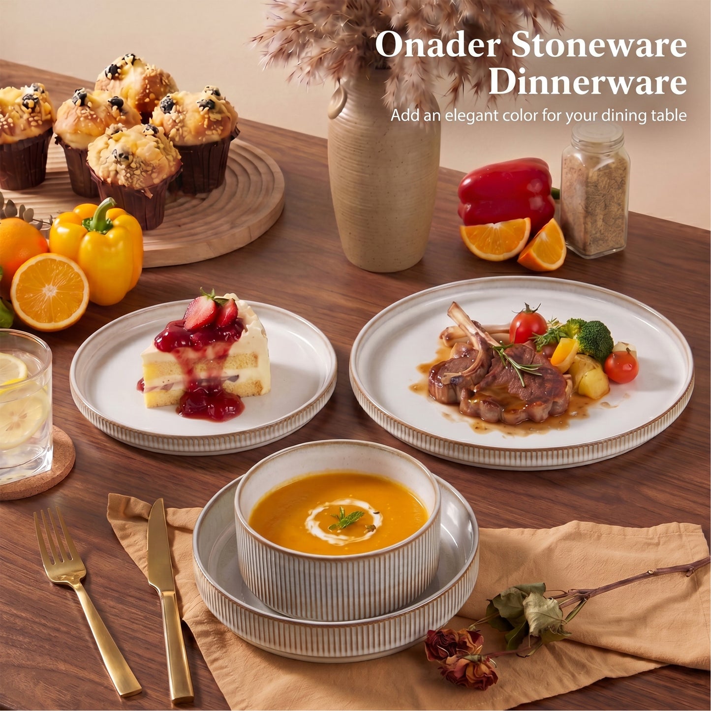 Onader 8-Piece Stoneware Dinnerware Set, Vertical Striped Reactive Glaze Plates and Bowls Sets for the Kitchen, Microwave & Dishwasher Safe, Beige