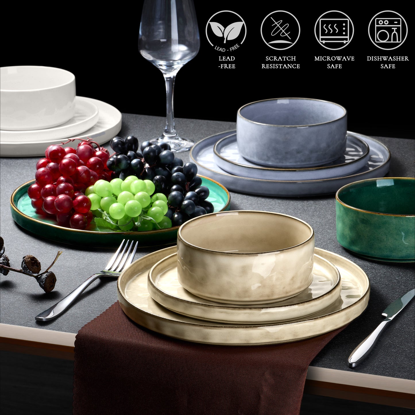 Vesteel Dinnerware Sets, 12-Piece Stoneware Plates and Bowls Set, Dishes Set for 4, Elegant Ceramic Dinnerware for Home Restaurant - Multi-color
