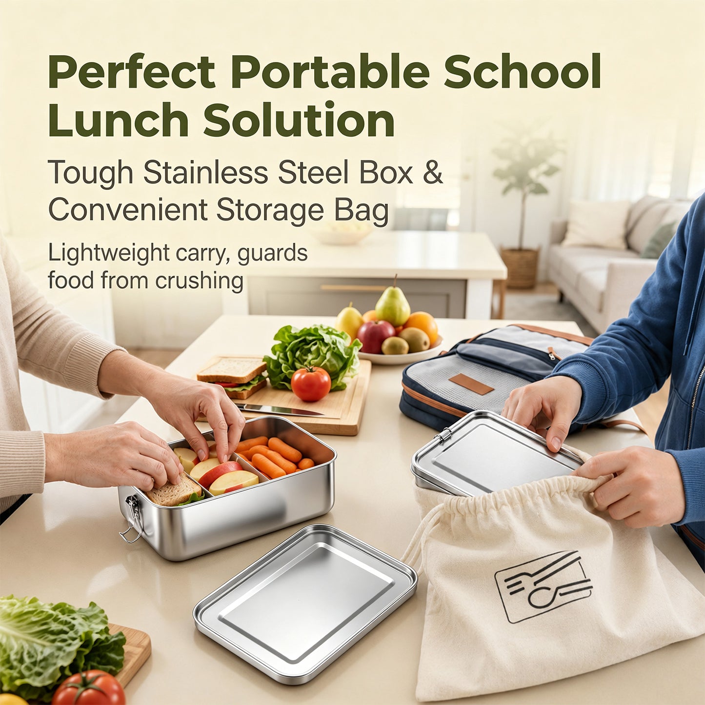 Vesteel Stainless Steel Bento Box, 2400ml 81oz Lunch Box with 2 Dividers, Leak-Proof Lunch Container with Bag, 3 Compartments Food Containers for School Office, Dishwasher Safe