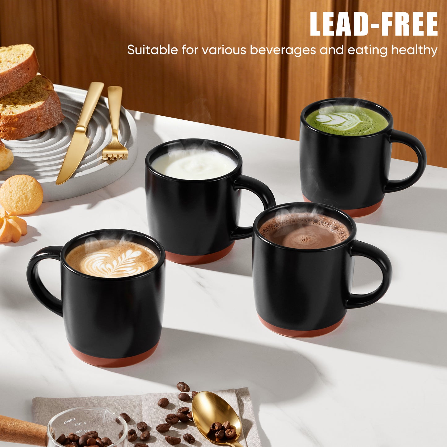 Vesteel Coffee Mugs Set of 4, 12oz Ceramic Coffee Cup with Handle, Modern Stoneware Mugs for Latte, Cappuccino, Cocoa, Dishwasher & Microwave Safe, Matte Black