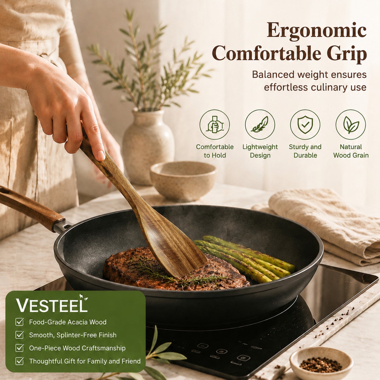 Vesteel 7-Piece Kitchen Utensil Set, Wooden Spoons for Cooking, Natural Acacia Wood Cooking Spoons and Spatulas, Heat-Resistant Cooking Utensils Safe for Nonstick Cookware & Easy to Clean