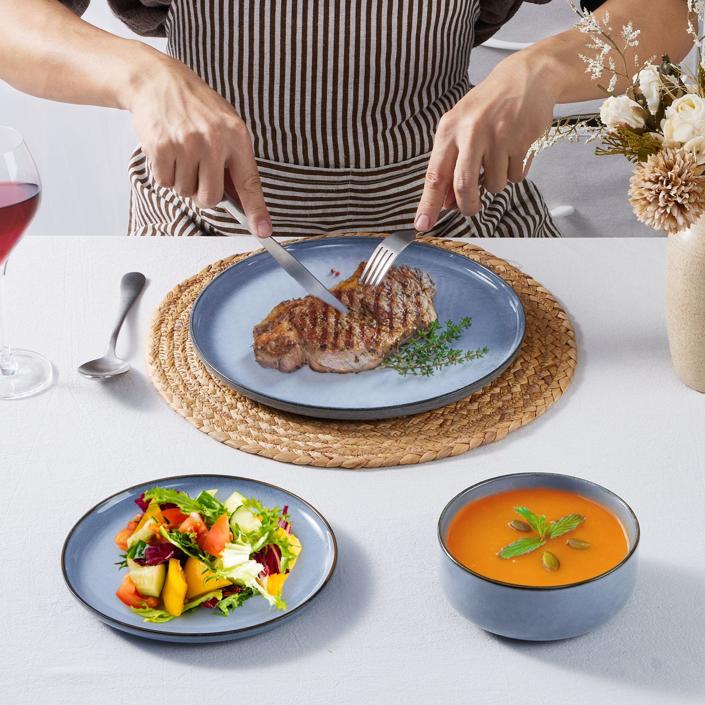 Onader 12 Piece Dinnerware Sets, Plates and Bowls Set for 4, Handmade Stoneware Dishes Sets for Home Restaurant, Dishwasher & Microwave Safe - Gray Blue
