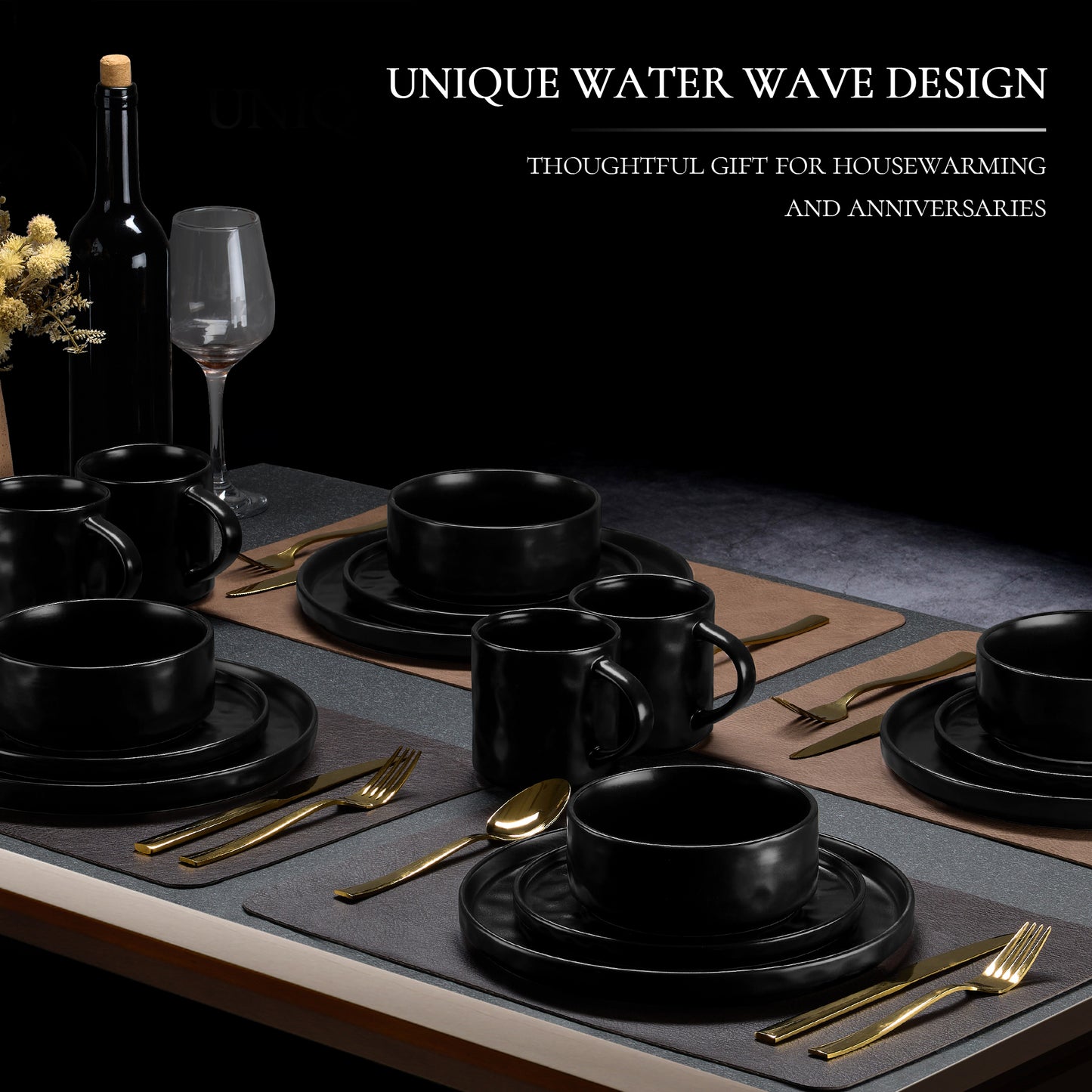 Vesteel 16-Piece Dinnerware Sets, Stoneware Dish and Bowls Set for 4, Handmade Reactive Glaze Coupe Plates Set, Chip & Scratch Resistant - Matte Black
