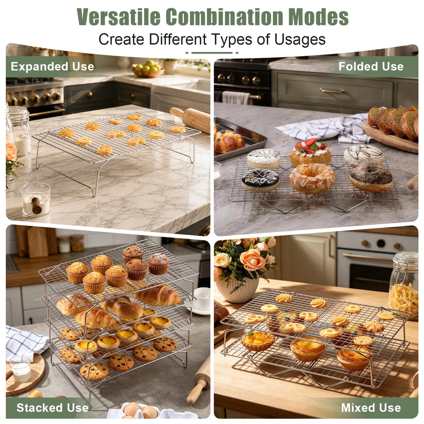 Vesteel 4-Tier Cooling Racks, Stainless Steel Stackable Grid Baking Racks, Collapsible Wire Racks for Cooking Grilling Roasting, Oven & Dishwasher Safe, 15’’ x 10’’