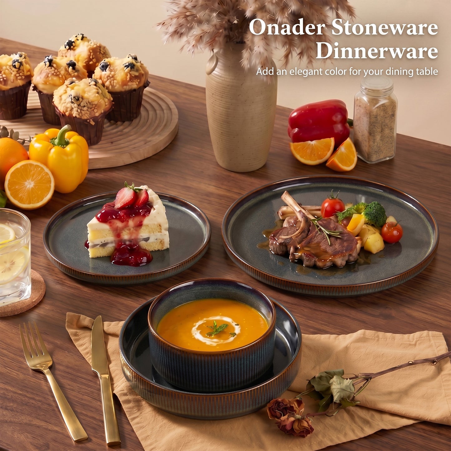 Onader 8-Piece Stoneware Dinnerware Set, Vertical Striped Reactive Glaze Plates and Bowls Sets for the Kitchen, Microwave & Dishwasher Safe, Blackish Green