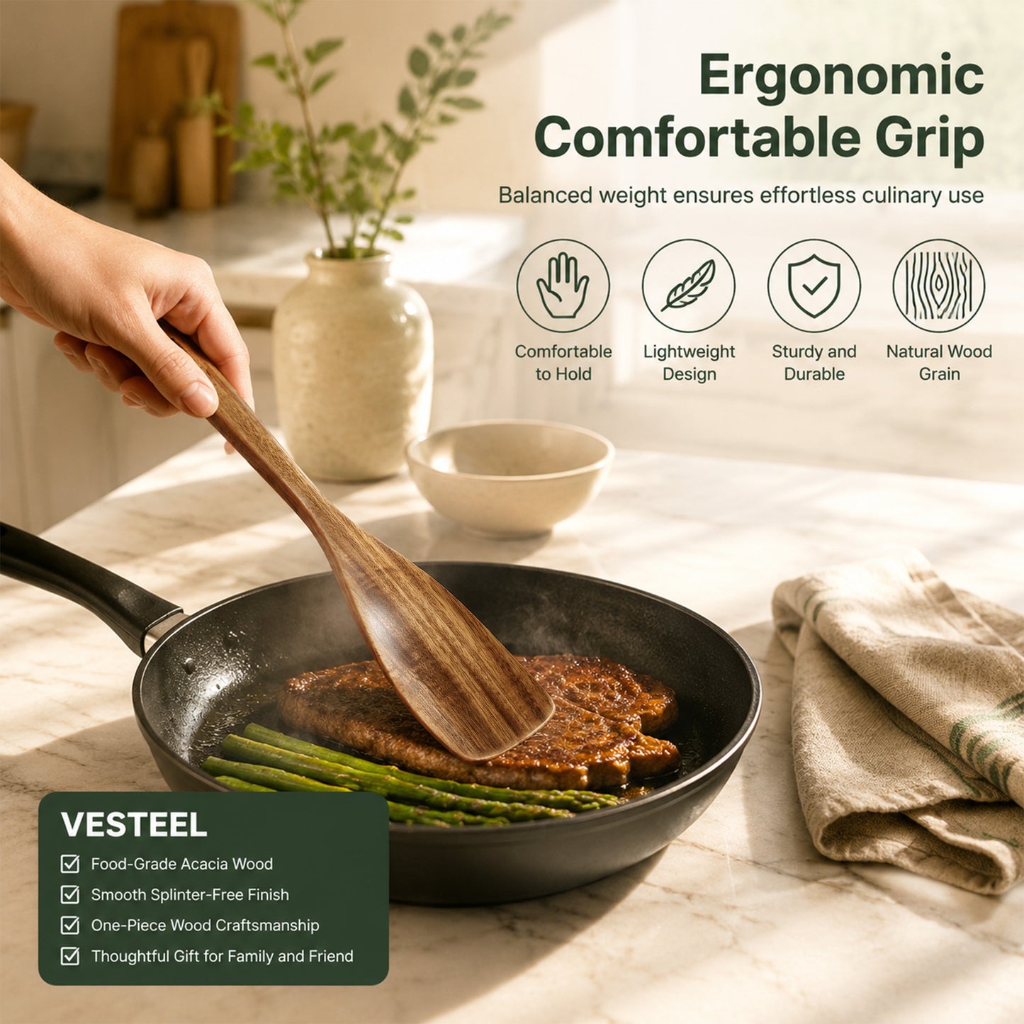 Vesteel 10-Piece Kitchen Utensil Set with Holder, Wooden Spoons for Cooking, Natural Acacia Wood Cooking Spoon Spatula Set, Heat-Resistant Kitchen Utensils Safe for Nonstick Cookware & Easy to Clean