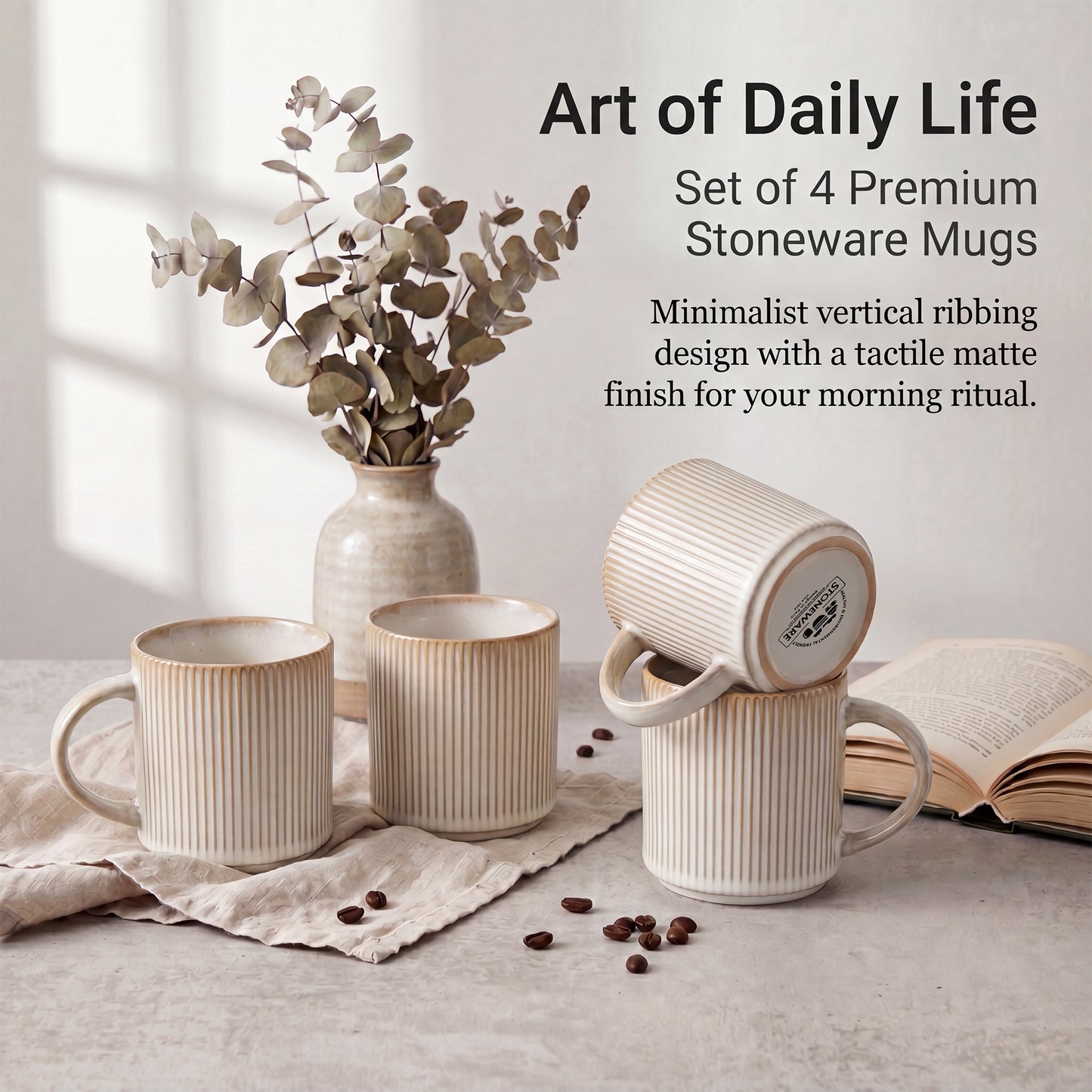 Onader 4-Pieces Coffee Mugs Set, Water Cups with Large Handle, 12 oz Ceramic Mugs Suitable for Tea Milk Latte, Stain-Resistant & Microwave Safe, Beige