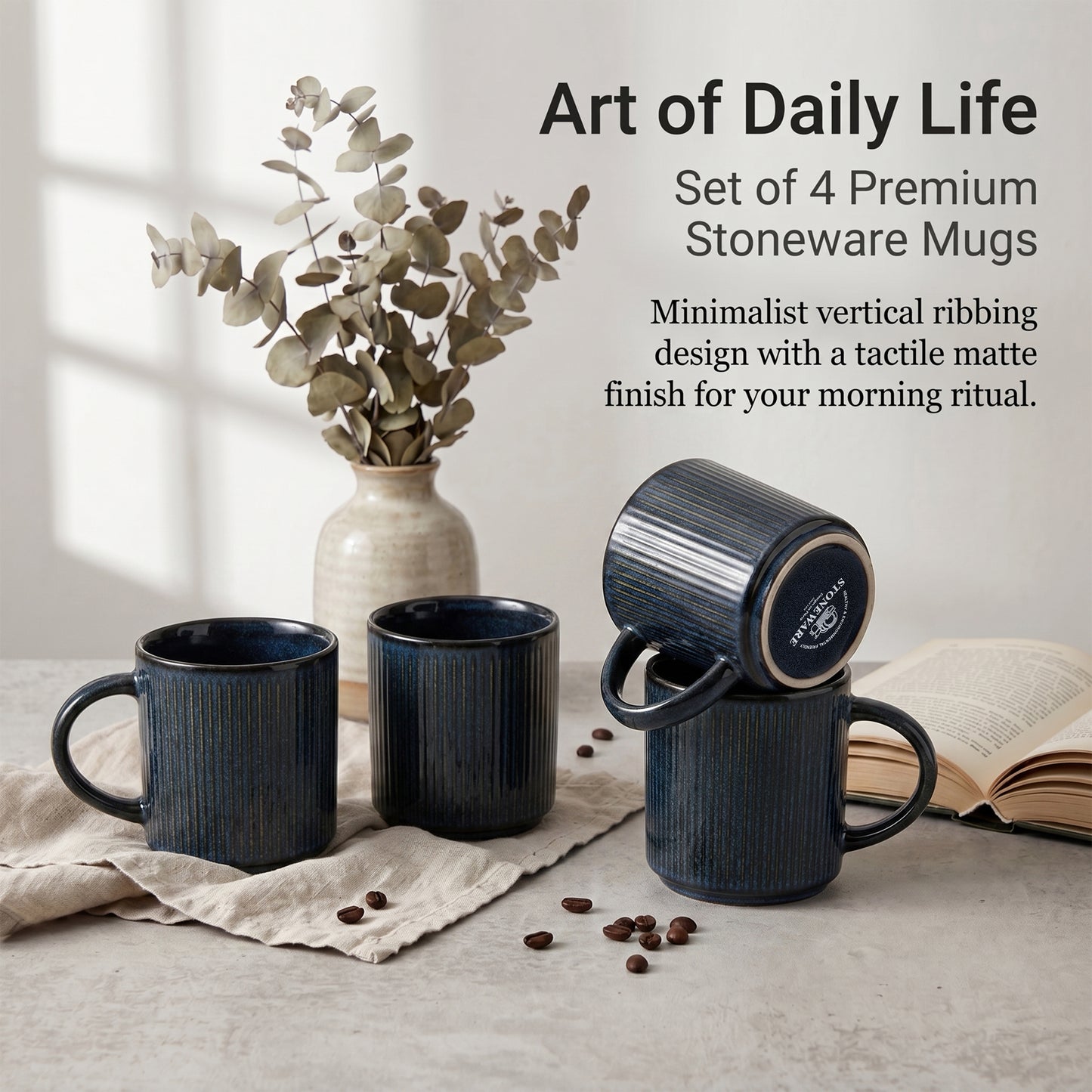 Onader 4-Pieces Coffee Mugs Set, Water Cups with Large Handle, 12 oz Ceramic Mugs Suitable for Tea Milk Latte, Stain-Resistant & Microwave Safe, Starry Blue