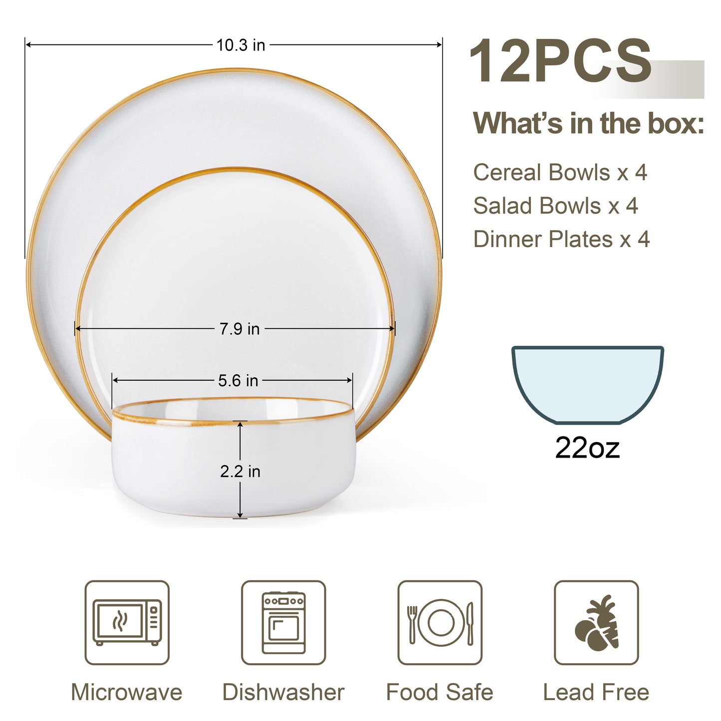 Vesteel Dinnerware Sets for 4, 12-Piece Stoneware Dish and Bowls Set, Handmade Reactive Glaze Coupe Plates Set for Family, Chip & Scratch Resistant - Seashell White