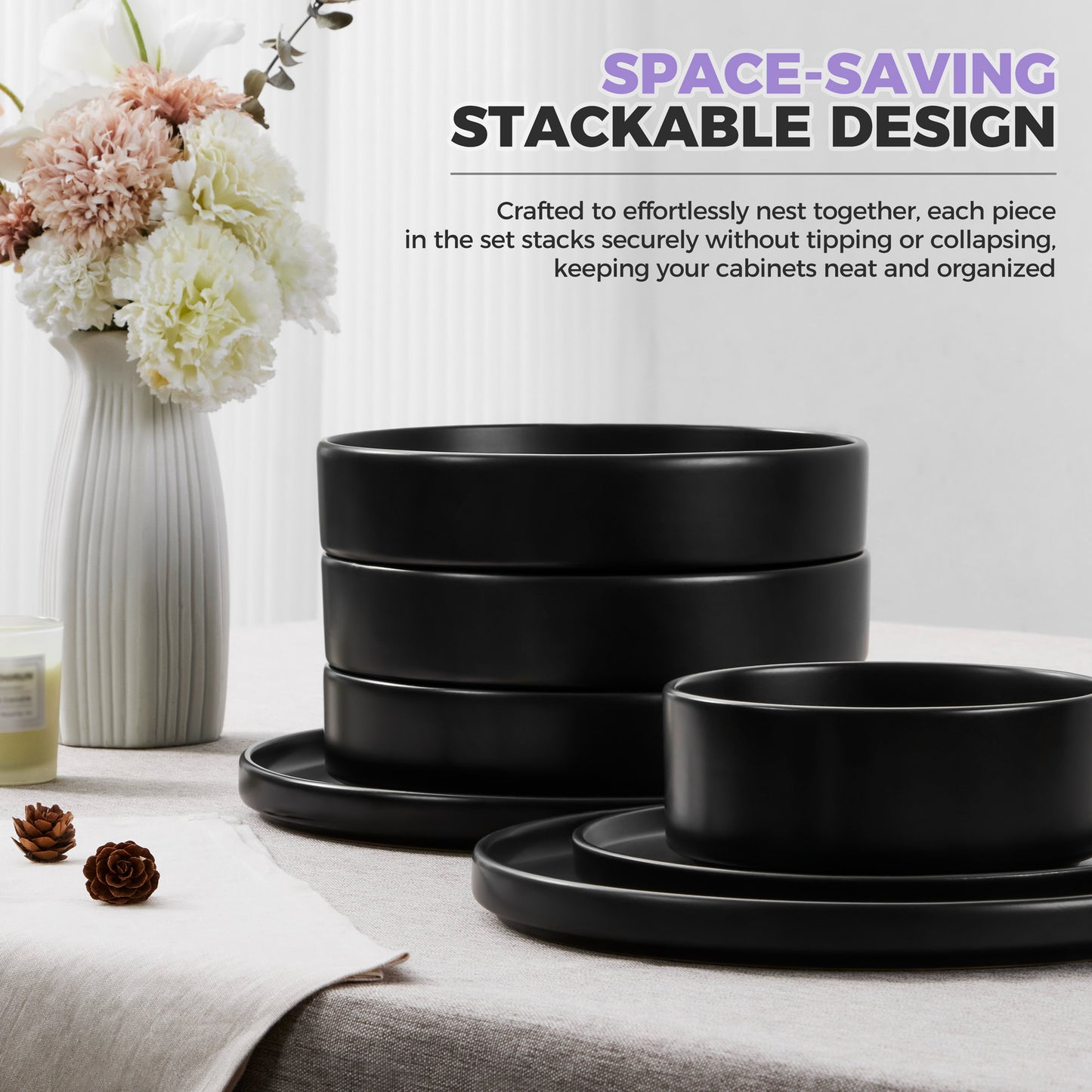 Vesteel 16 Pieces Dinnerware Sets, Premium Stoneware Dishes Set for 4, Speckled Plates and Bowls Set for Home Restaurant, Microwave and Dishwasher Safe - Matte Black