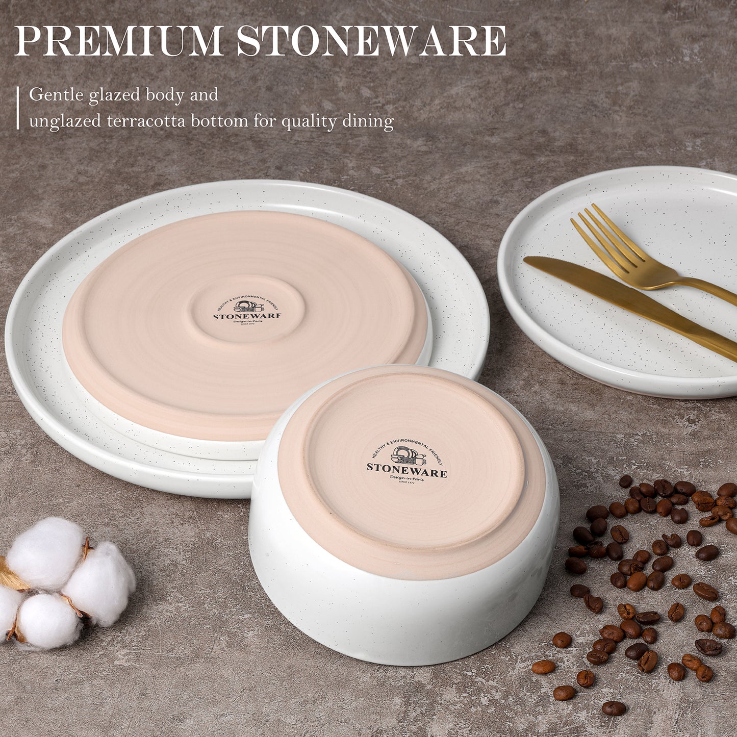 Vesteel 18-Piece Dinnerware set, Ceramic Plates and Bowls set for 6, Speckled Stoneware Dishes Set for Family, Microwave & Dishwasher Safe - Speckled White