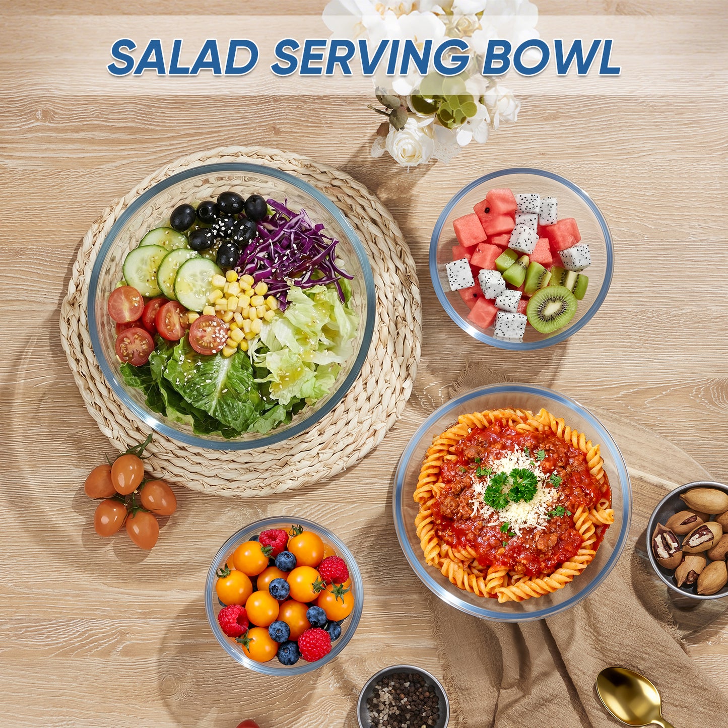 Vesteel Glass Mixing Bowls with Lids Set of 7(0.5QT, 0.8QT, 1.7QT, 2.9QT), Clear Salad Bowls with Egg Whisk Spatula Basting Brush, Nesting Food Prep Bowls for Baking Cooking Serving, Dishwasher Safe