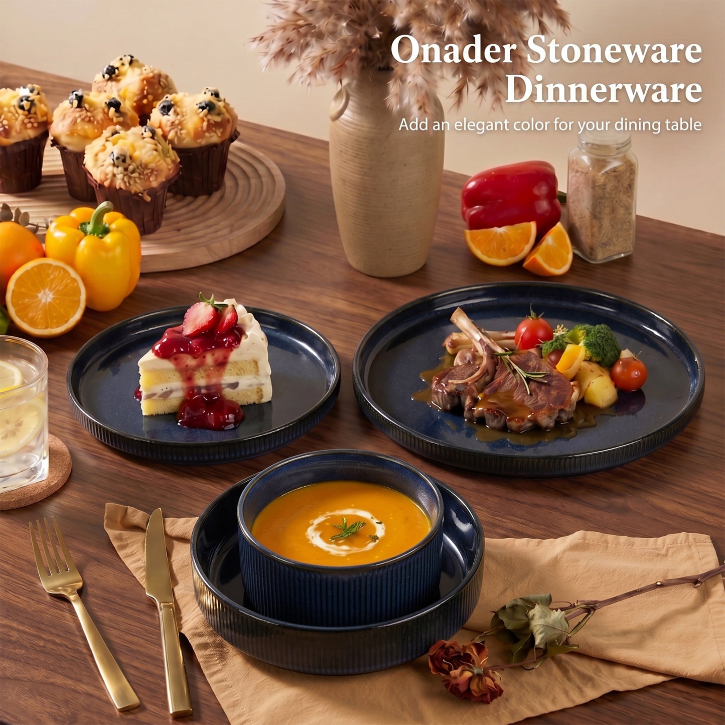 Onader 8-Piece Stoneware Dinnerware Set, Vertical Striped Reactive Glaze Plates and Bowls Sets for the Kitchen, Microwave & Dishwasher Safe, Starry Blue