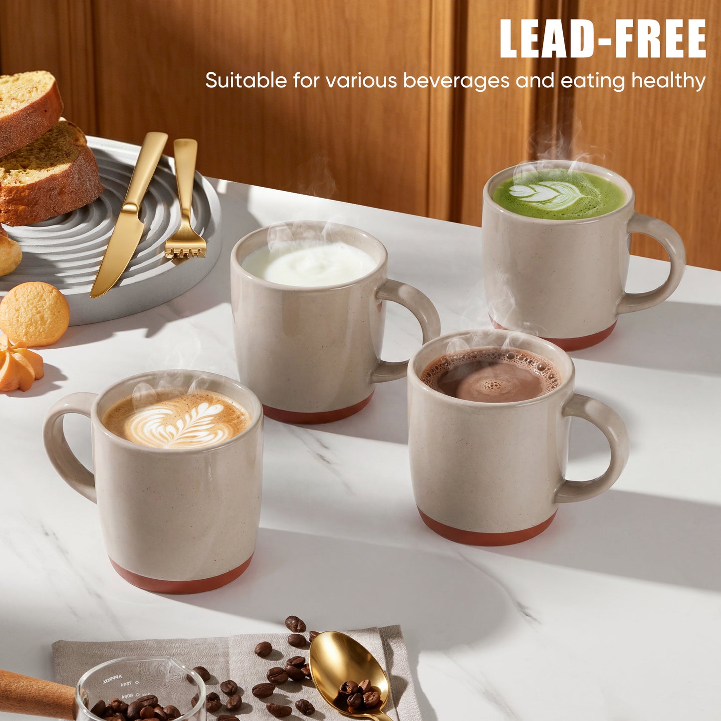 Vesteel Coffee Mugs Set of 4, 12oz Ceramic Coffee Cup with Handle, Modern Stoneware Mugs for Latte, Cappuccino, Cocoa, Dishwasher & Microwave Safe, Cappuccino Brown