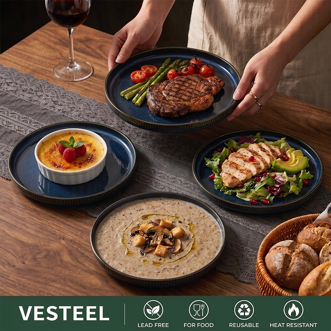 Vesteel Salad Plate for 4, 8 inch Stoneware Dinner plates with Textured Stripes, 4-Piece Ceramic Kitchen Plates for Dessert Salad, Dishwasher Safe & Microwave Safe, Ocean Blue