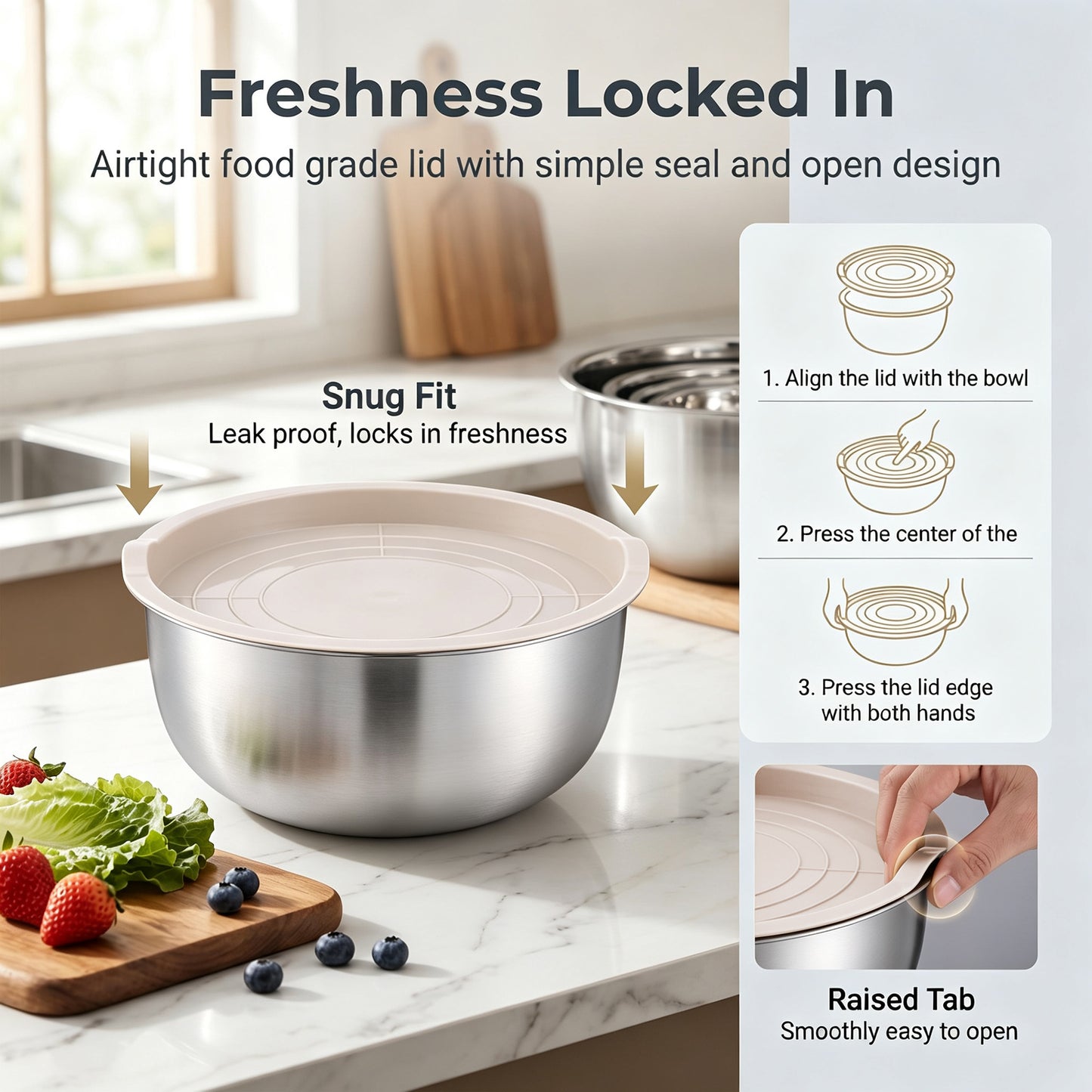 Vesteel Stainless Steel Mixing Bowls, 5 Piece Metal Nesting Bowls with Airtight Lids, Stackable Salad Bowls for Baking, Prepping & Serving, Dishwasher Safe, 5/3/1.7/1.2/0.8 QT, Khaki