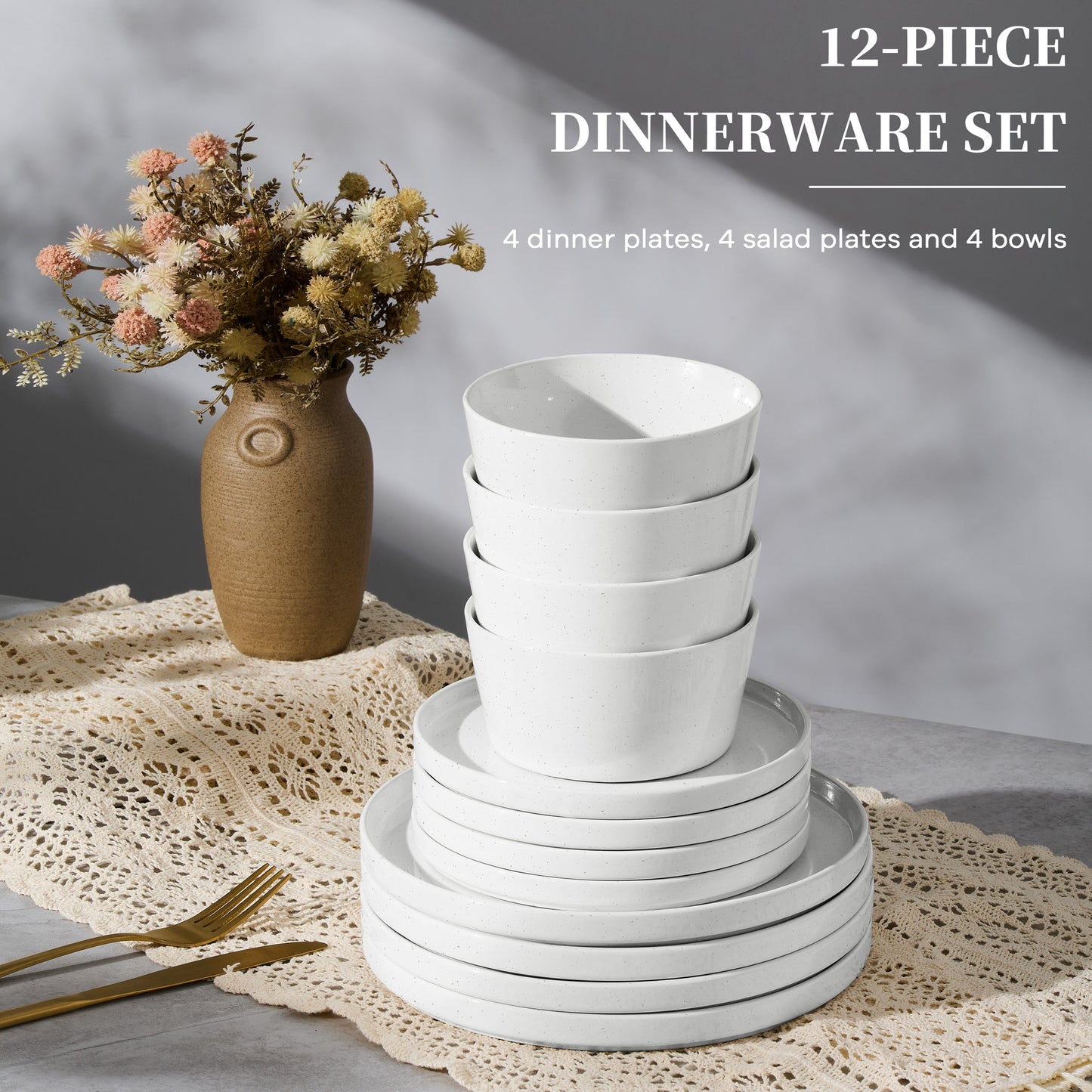 Vesteel Dinnerware Sets for 4, 12Pcs Stoneware Plates and Bowls Sets, Elegant Tableware set for Home Restaurant, Chip & Scratch Resistant Dishes Set , Speckle White