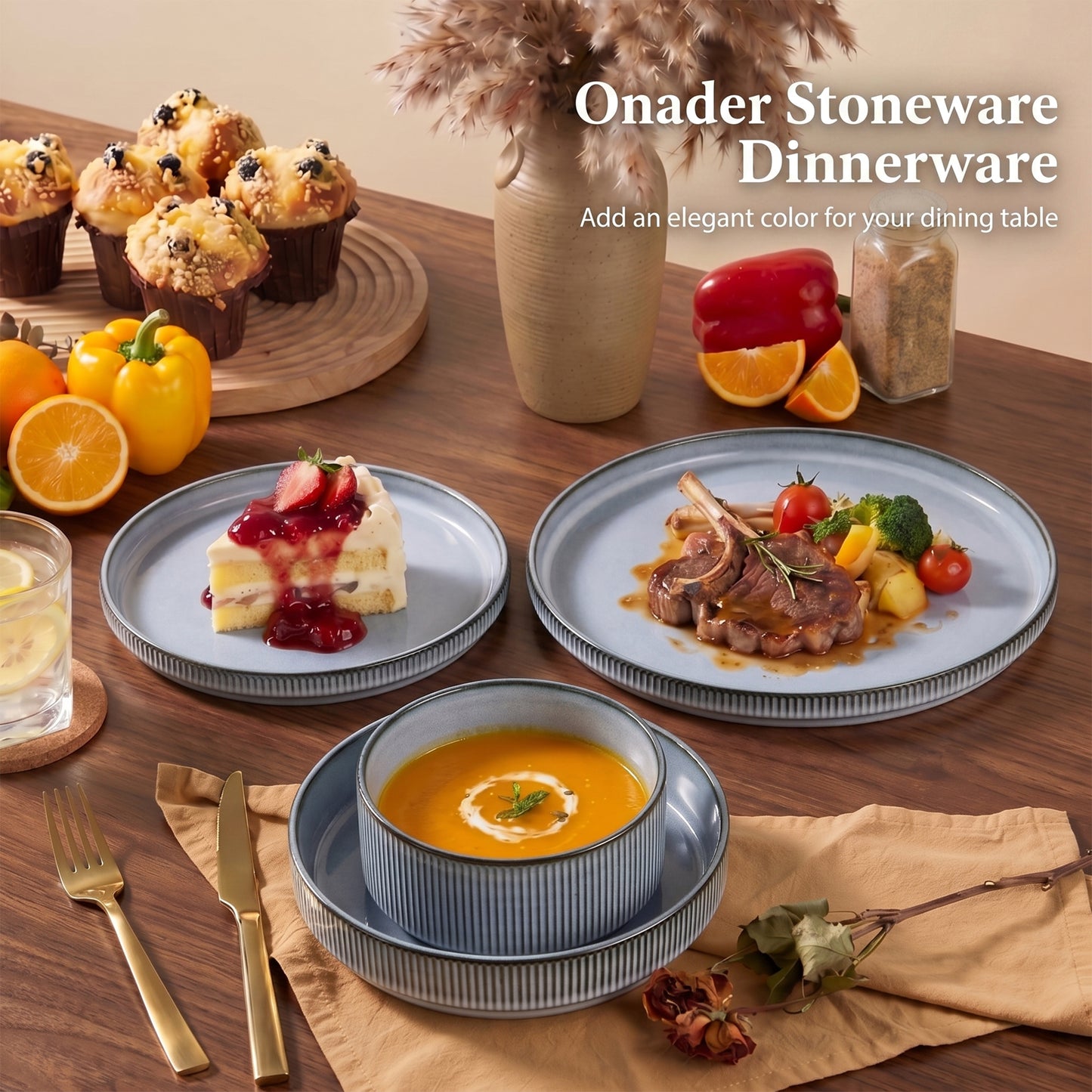 Onader 8-Piece Stoneware Dinnerware Set, Vertical Striped Reactive Glaze Plates and Bowls Sets for the Kitchen, Microwave & Dishwasher Safe, Smoke Gray