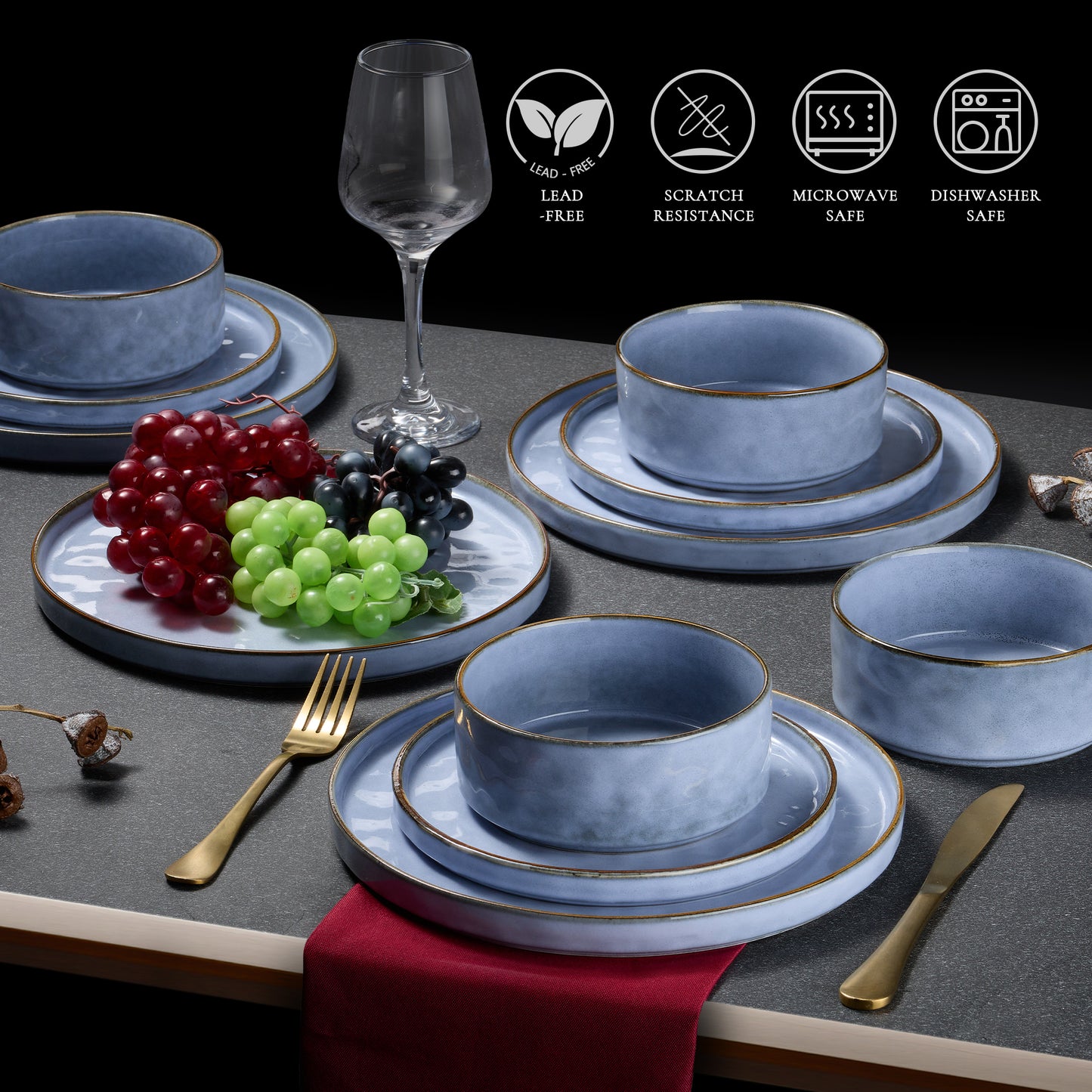 Vesteel Dinnerware Sets, 12-Piece Stoneware Plates and Bowls Set, Dishes Set for 4, Elegant Ceramic Dinnerware for Home Restaurant - Uranus Blue
