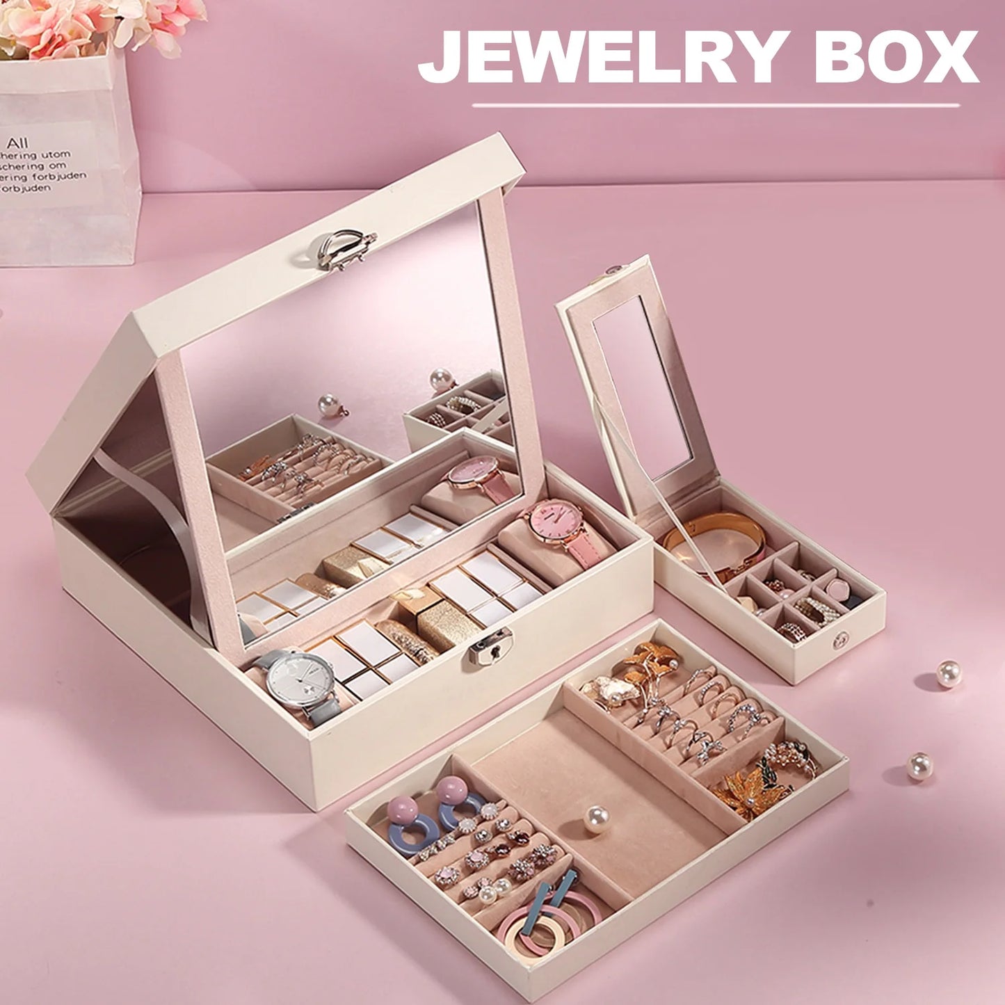 Vesteel Jewelry Box, 2-Layer Jewelry Storage Organizer with Built-in Mirror, Lockable Jewelry Case for Women Girl - White