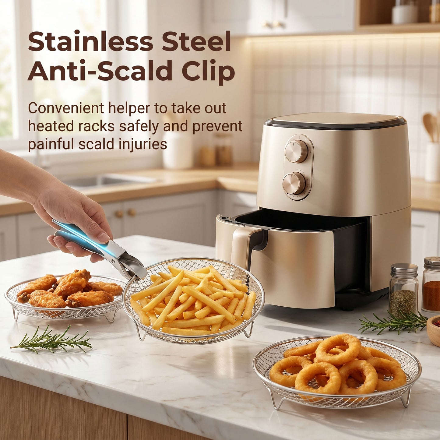 Vesteel Air Fryer Racks, 3 Tier Stainless Steel Air Fryer Basket Accessories, 7.9’’ Round Dehydrator Rack for Oven Baking Frying Roasting, Includes Silicon Feet & Anti-Scald Clamp, Dishwasher Safe