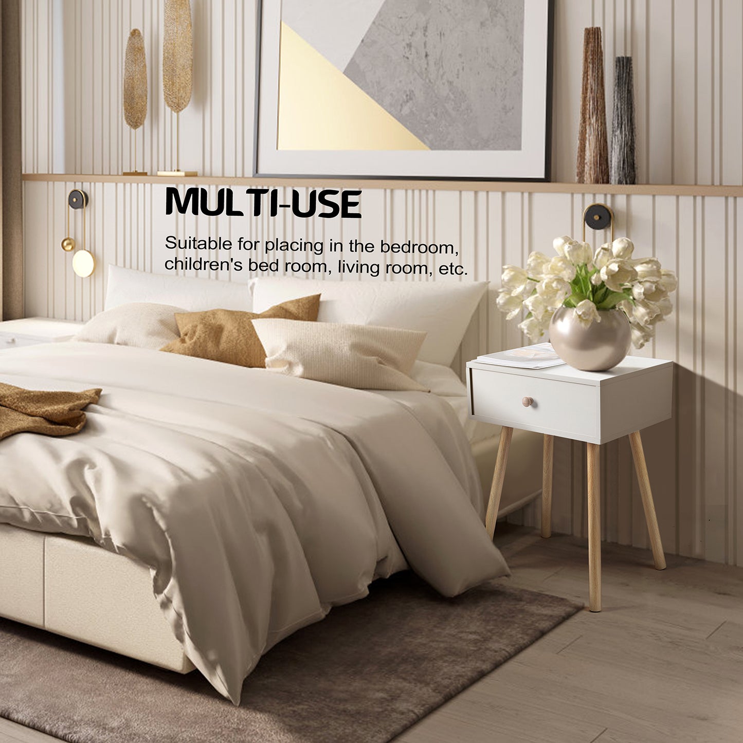 Vesteel Nightstands Set of 2, Modern End Table with Drawer, White Bedside Furniture Dresser for Bedroom, Living Room