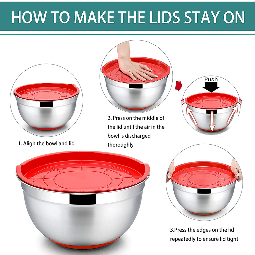 VeSteel Mixing Bowls With Lids, Set of 6, Stainless Steel Nesting Mixing Bowls & Fitting Lids & Non-Slip Silicone Bottom, Ideal for Mixing, Storing, Food Preparation,6 Sizes 0.7/1/1.5/2/2.6/4.6 Qt