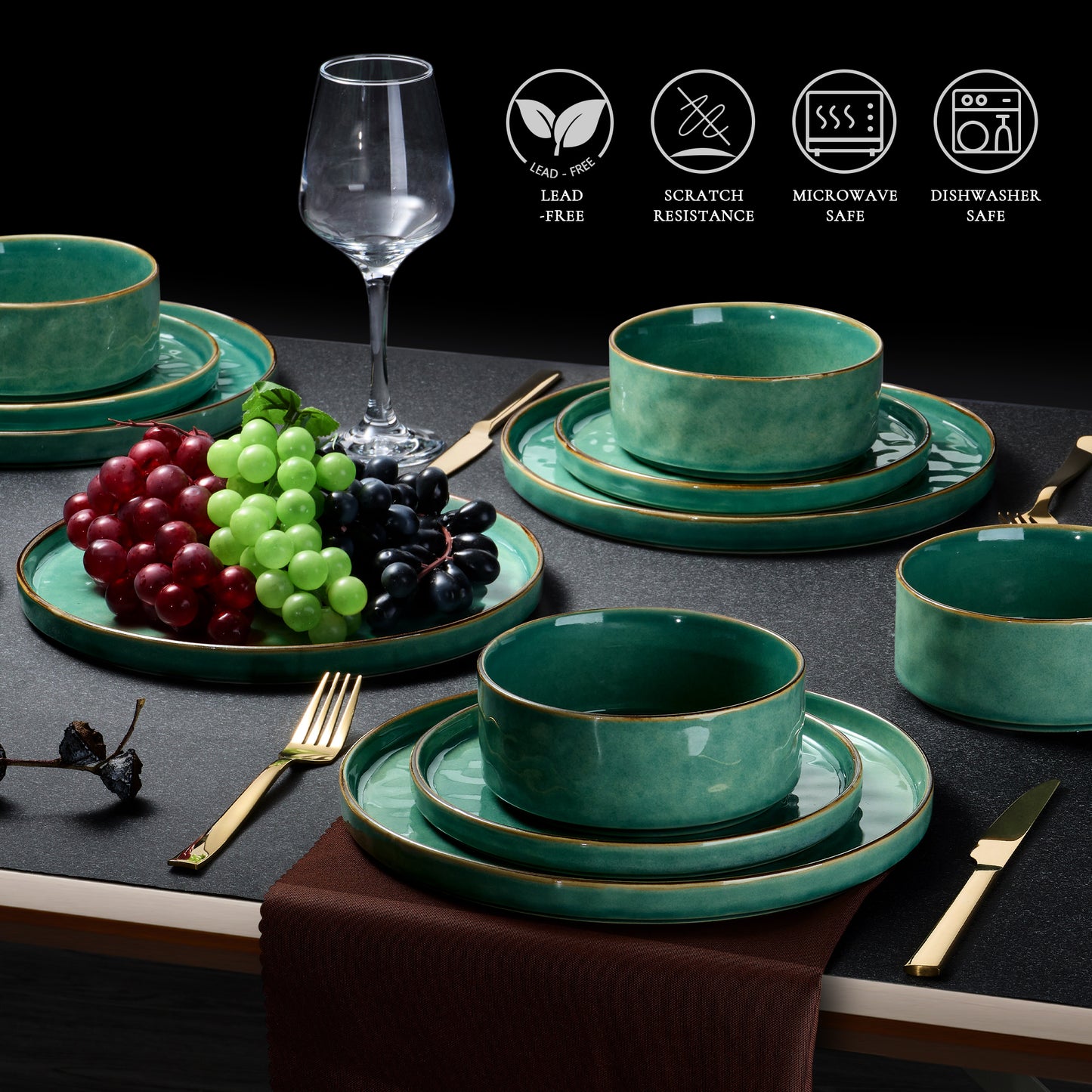 Vesteel Dinnerware Sets, 12-Piece Stoneware Plates and Bowls Set, Dishes Set for 4, Elegant Ceramic Dinnerware for Home Restaurant - Jade Green