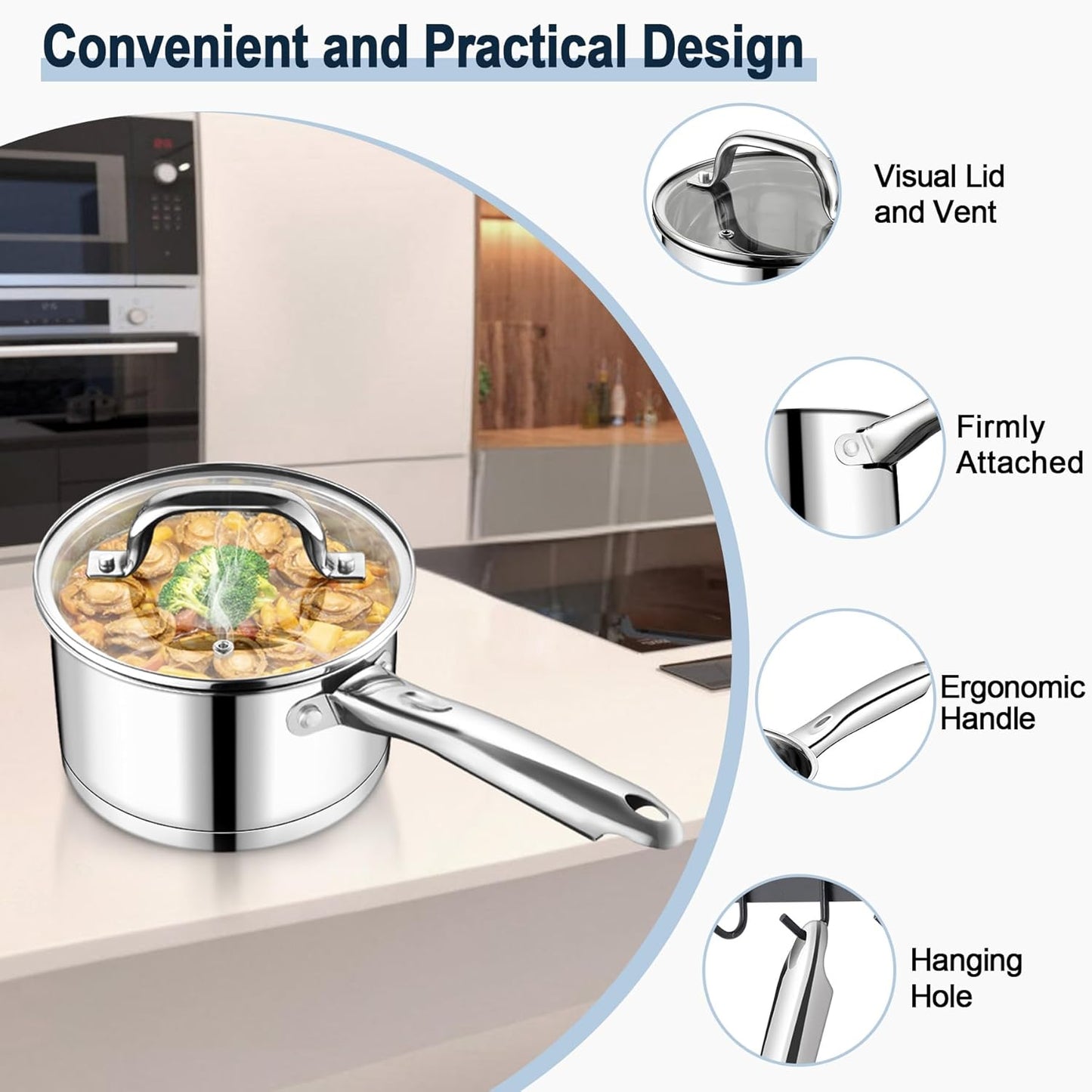 Vesteel 1QT Saucepan with Lid, Stainless Steel Milk Sauce Pan with Tri-ply Composite Bottom, Induction Cooking Pot for Making Pasta, Boiling Soup, Warming Milk, Dishwasher Safe