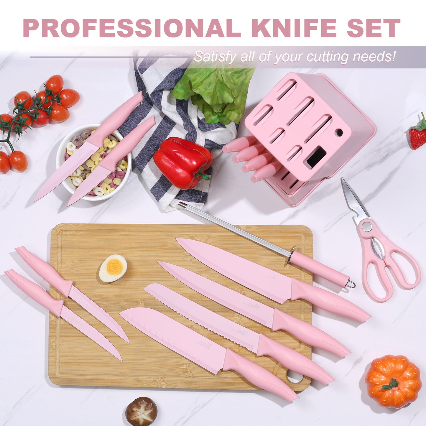 Vesteel Knife Set for Kitchen with Block, 15 Pcs Stainless Steel Kitchen Knives Set with Sharpener Kitchen Shears - Pink
