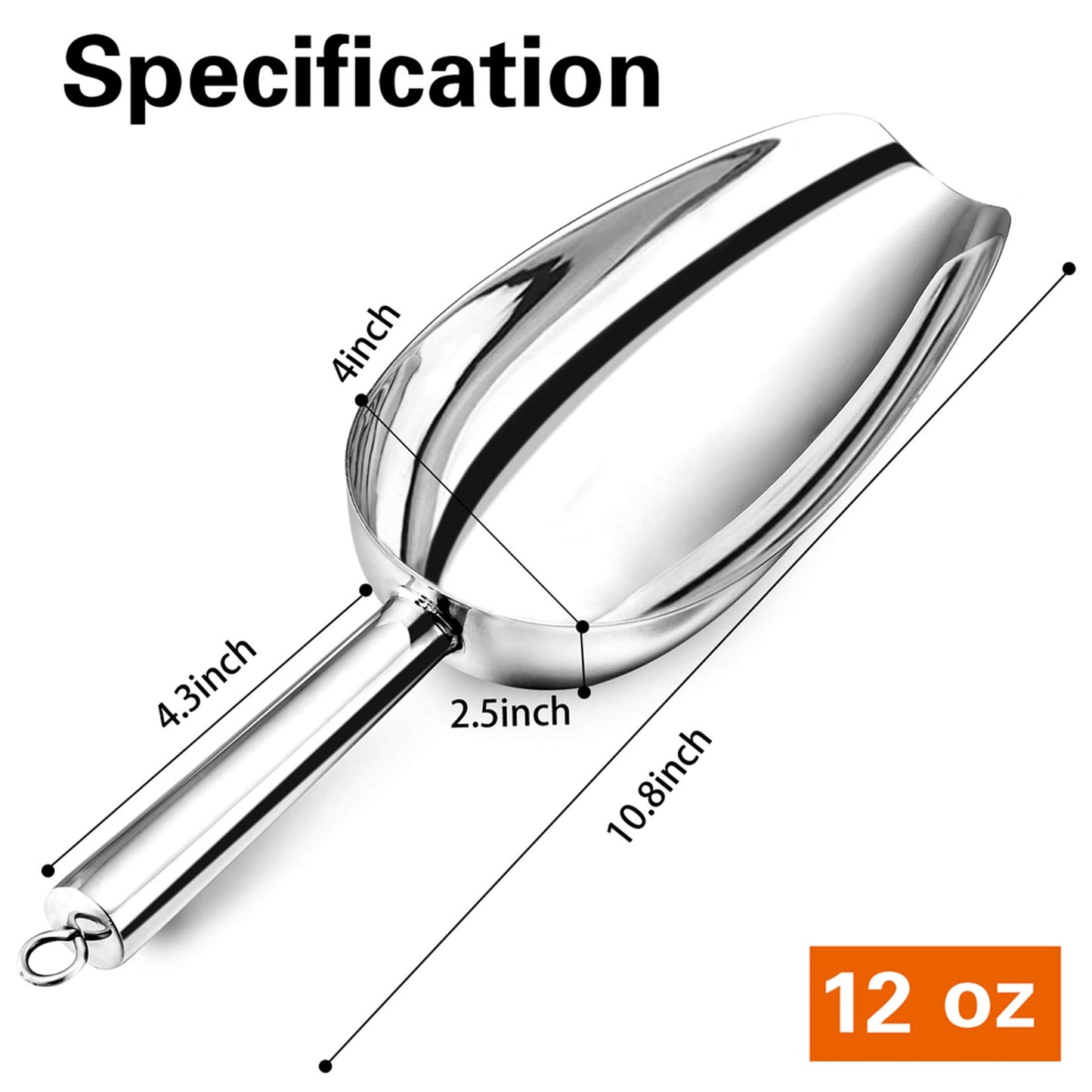 Vesteel Ice Scoop 12 Ounce Stainless Steel Ice Scoop Metal Utility Food Scoop Kitchen Scoops for Ice Cube Candy Flour Sugar