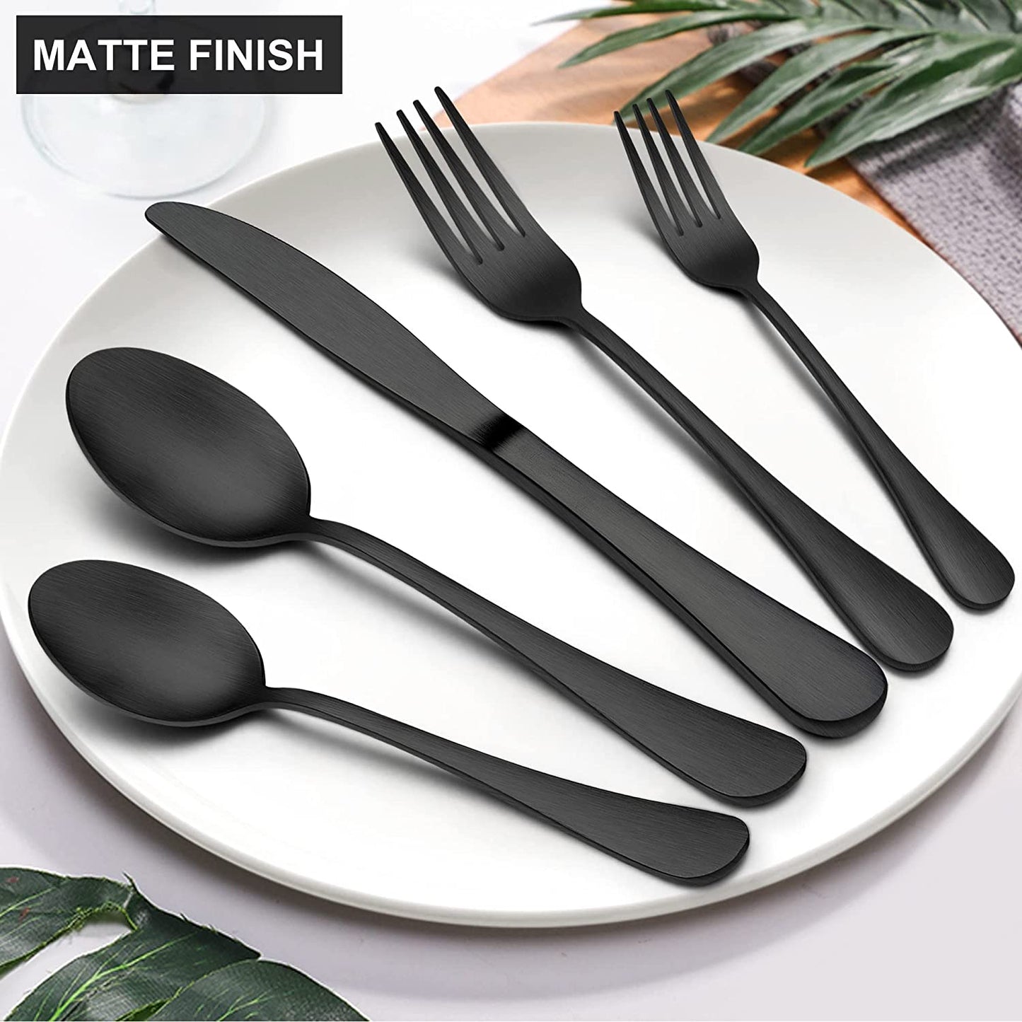 Vesteel 40 Piece Matte Black Silverware Set, Stainless Steel Black Flatware Cutlery Set for 8, Fancy Kitchen Utensil Tableware Set - Satin Finish