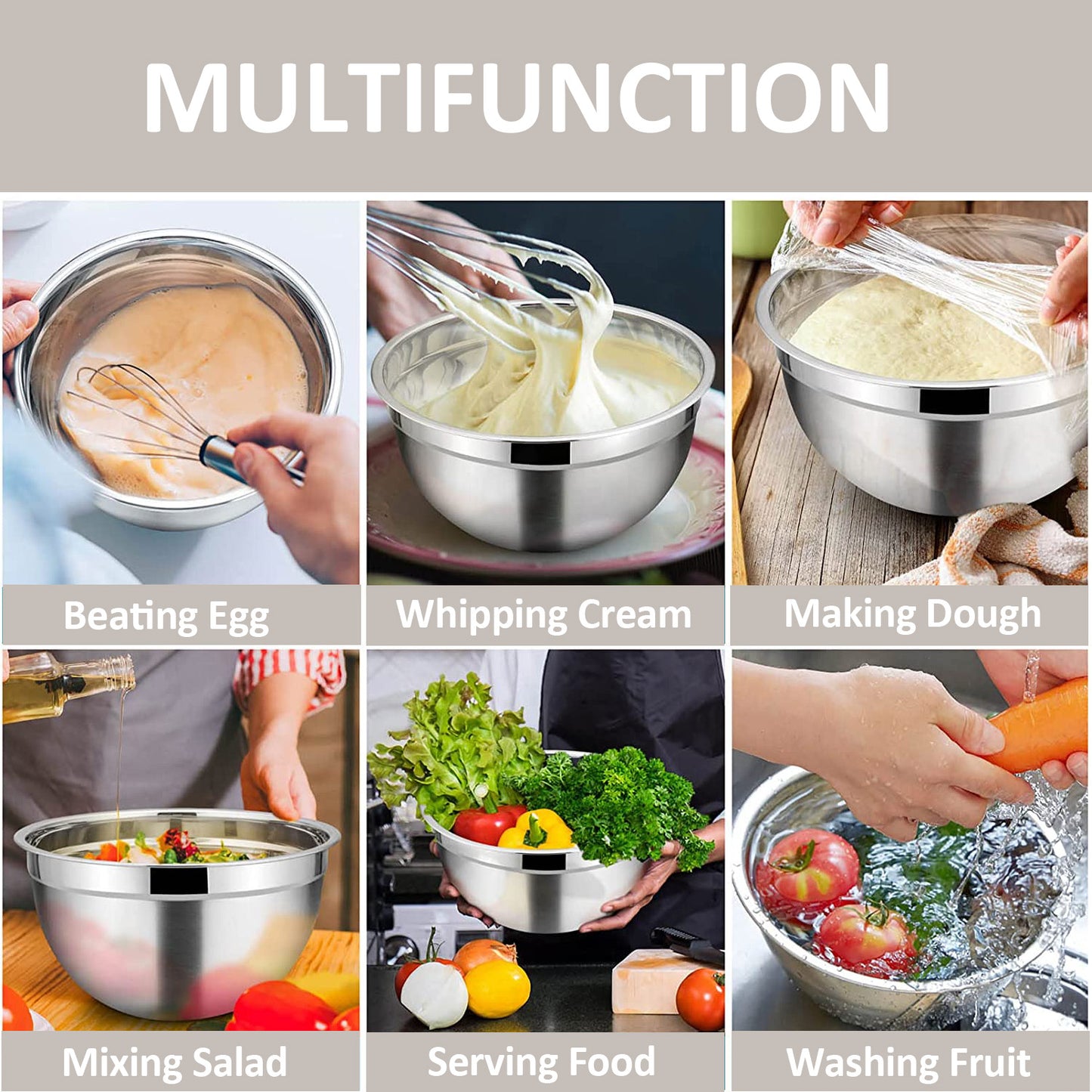 Vesteel 7 PCS Stainless Steel Mixing Bowls, Metal Nesting Salad Bowls with Lids, 4.5/3.5/3/2.5/1.5/1.2/0.7 QT - Khaki