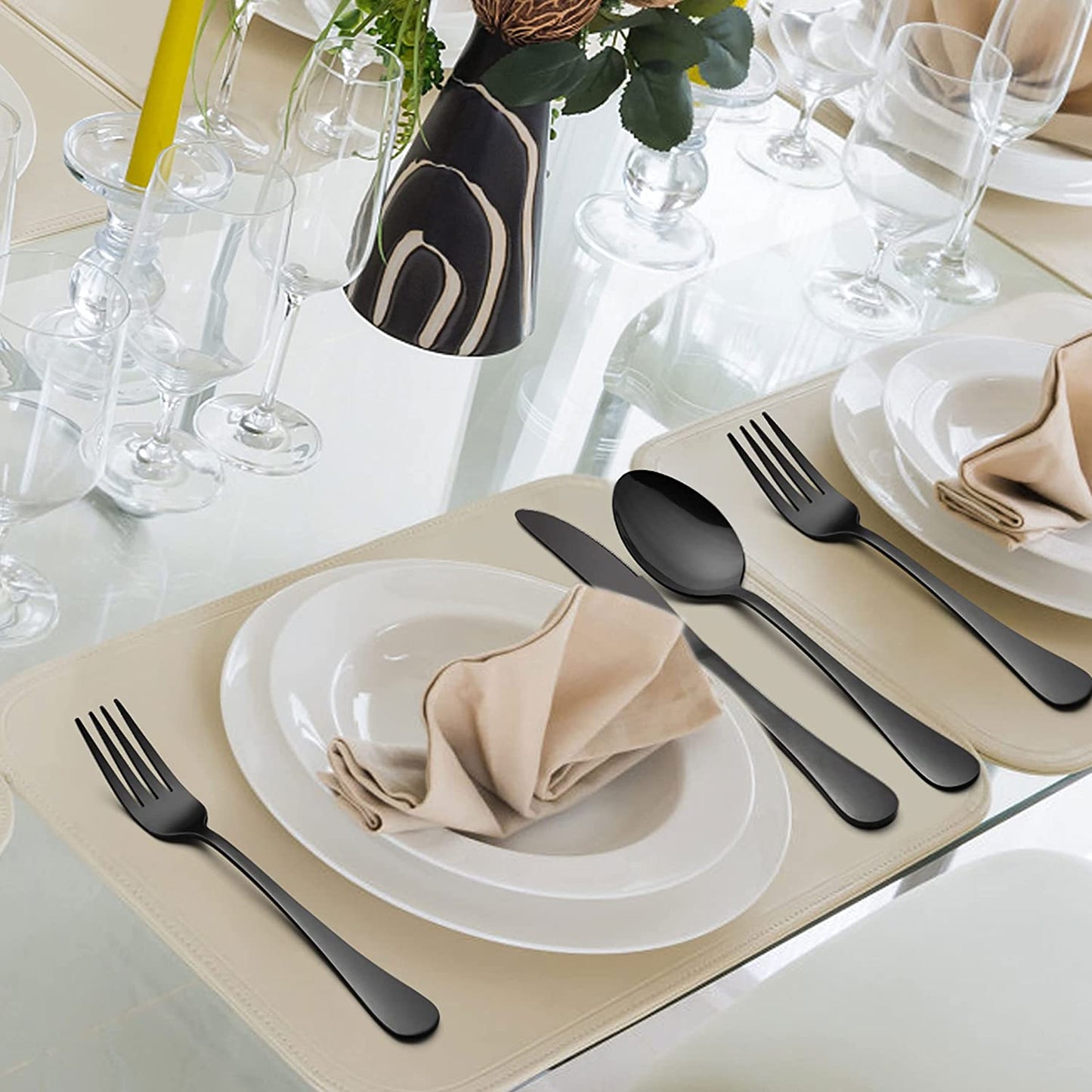 Vesteel 40-Piece Black Silverware Set, Stainless Steel Flatware Cutlery Set for 8, Restaurant Party Tableware Eating Utensils, Mirror Finish, Dishwasher Safe