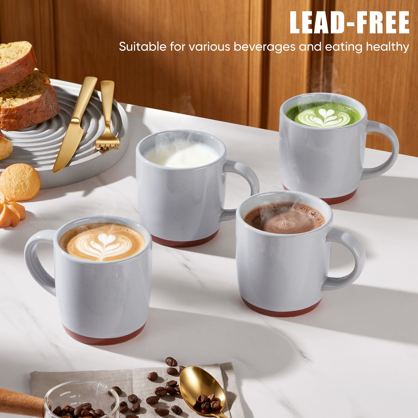 Vesteel Coffee Mugs Set of 4, 12oz Ceramic Coffee Cup with Handle, Modern Stoneware Mugs for Latte, Cappuccino, Cocoa, Dishwasher & Microwave Safe, Light Grey