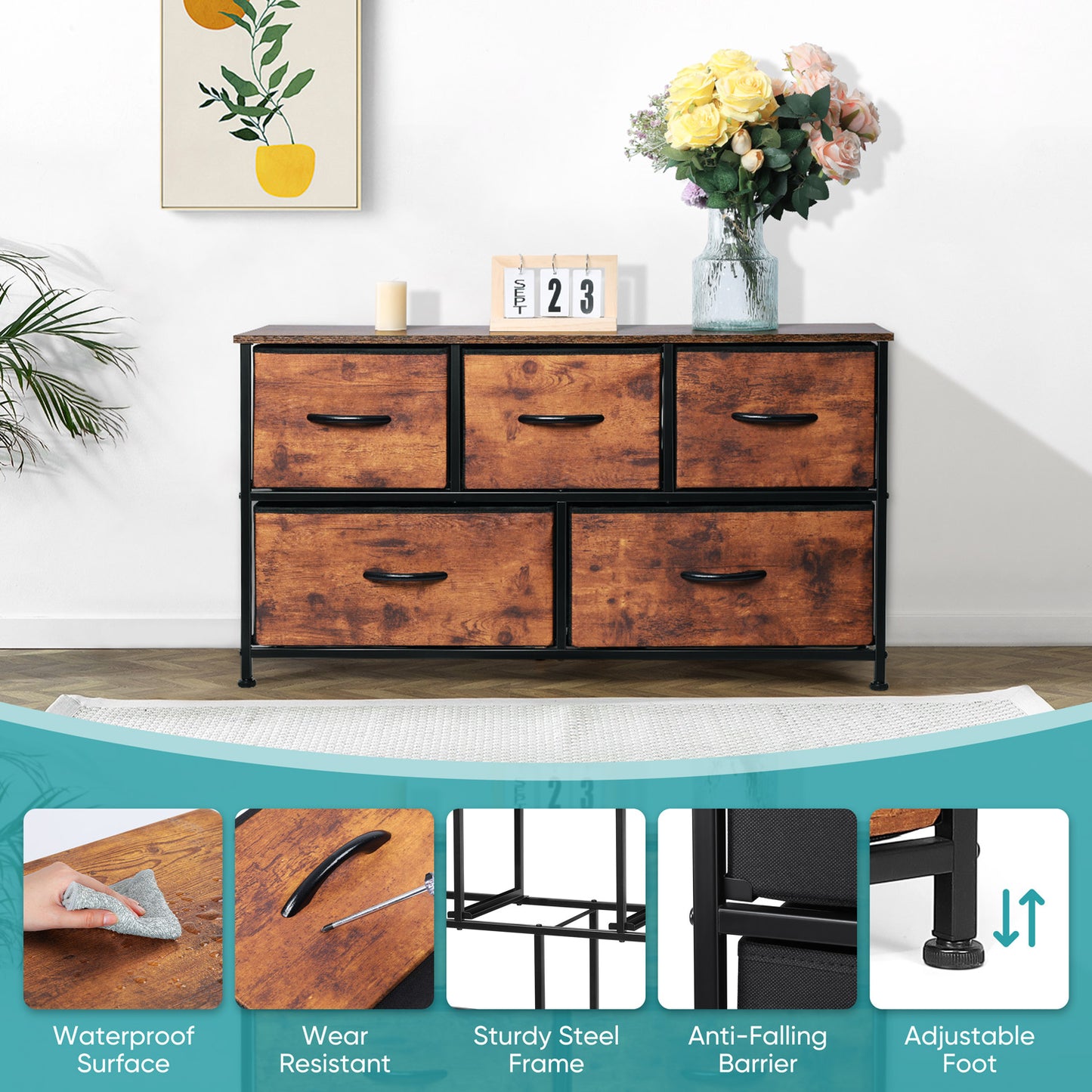 Vesteel 5 Drawer Dresser for Bedroom, Wide Chest of Drawers, Organizer Storage Cabinet with Fabric Drawers and Wooden Top, Closet for Living Room, Entryway, Nursery, Farmhouse - Rustic Brown