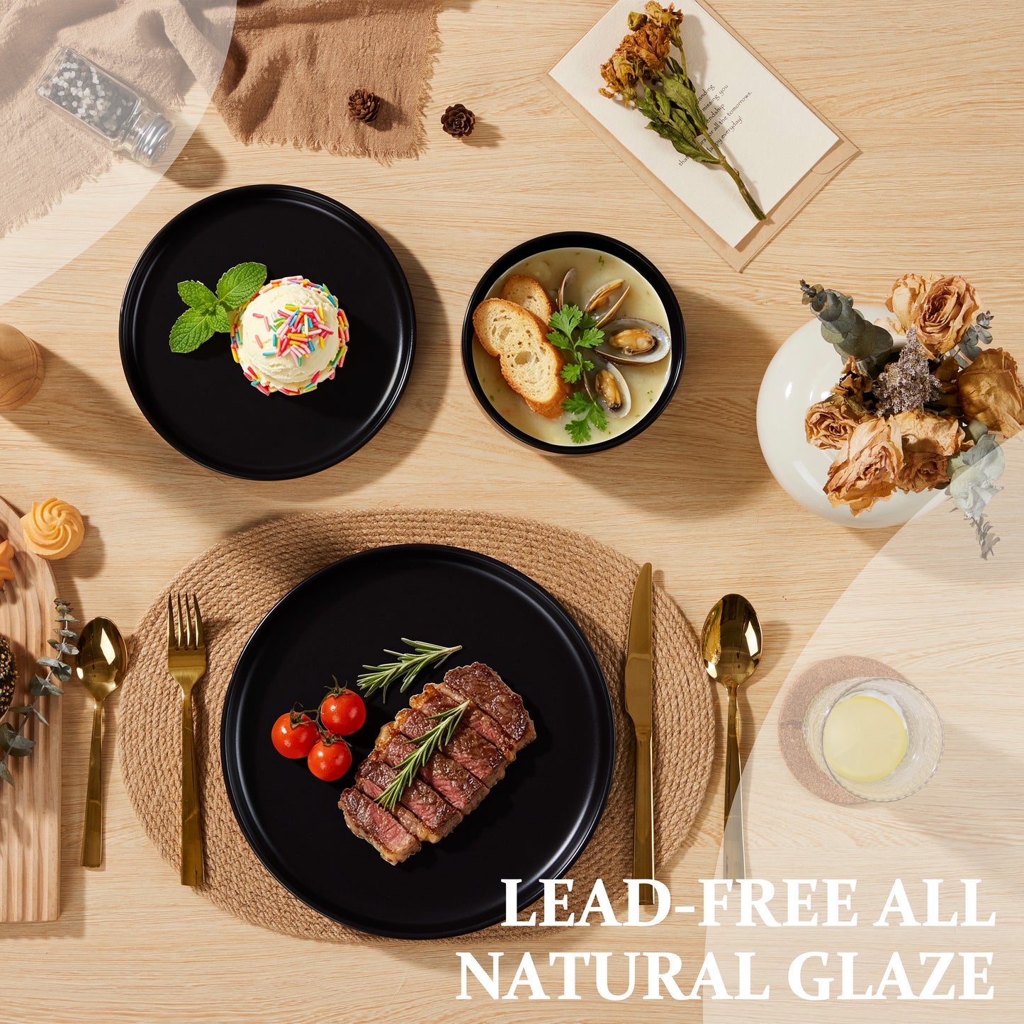 Vesteel Stoneware Dinnerware Sets for 2, 6 Pieces Ceramic Plates and Bowls Sets, Elegant Dishes with Rustic Terracotta Base, Dishwasher & Microwave Safe, Scratch Resistant, Matte Black