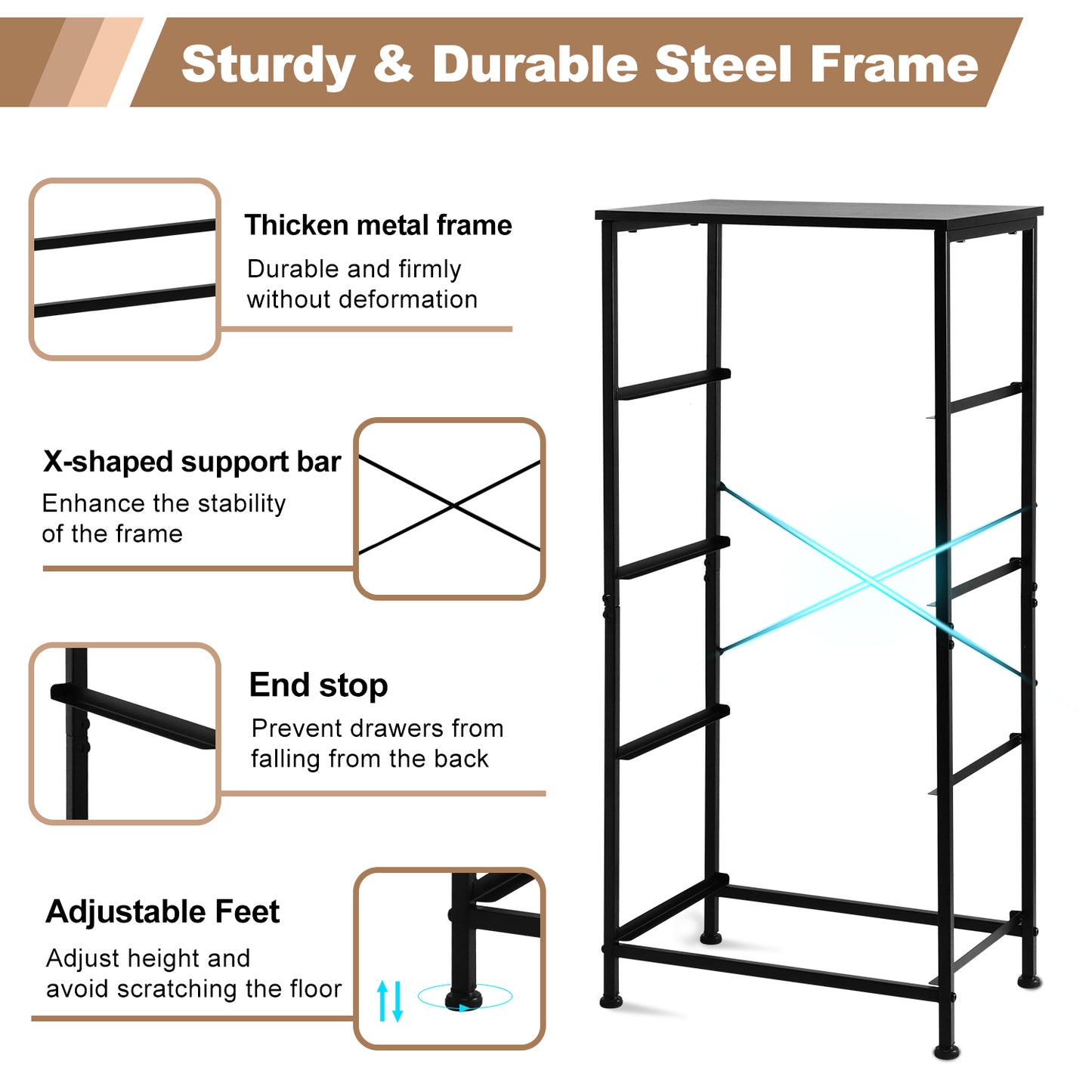 Vesteel Dresser for Bedroom with 4 Drawers, Storage Tower Organizer with Fabric Bins and Wooden Tabletop, Clothes Closet with Sturdy Steel Frame for Living Room, Entryway, Nursery - Black