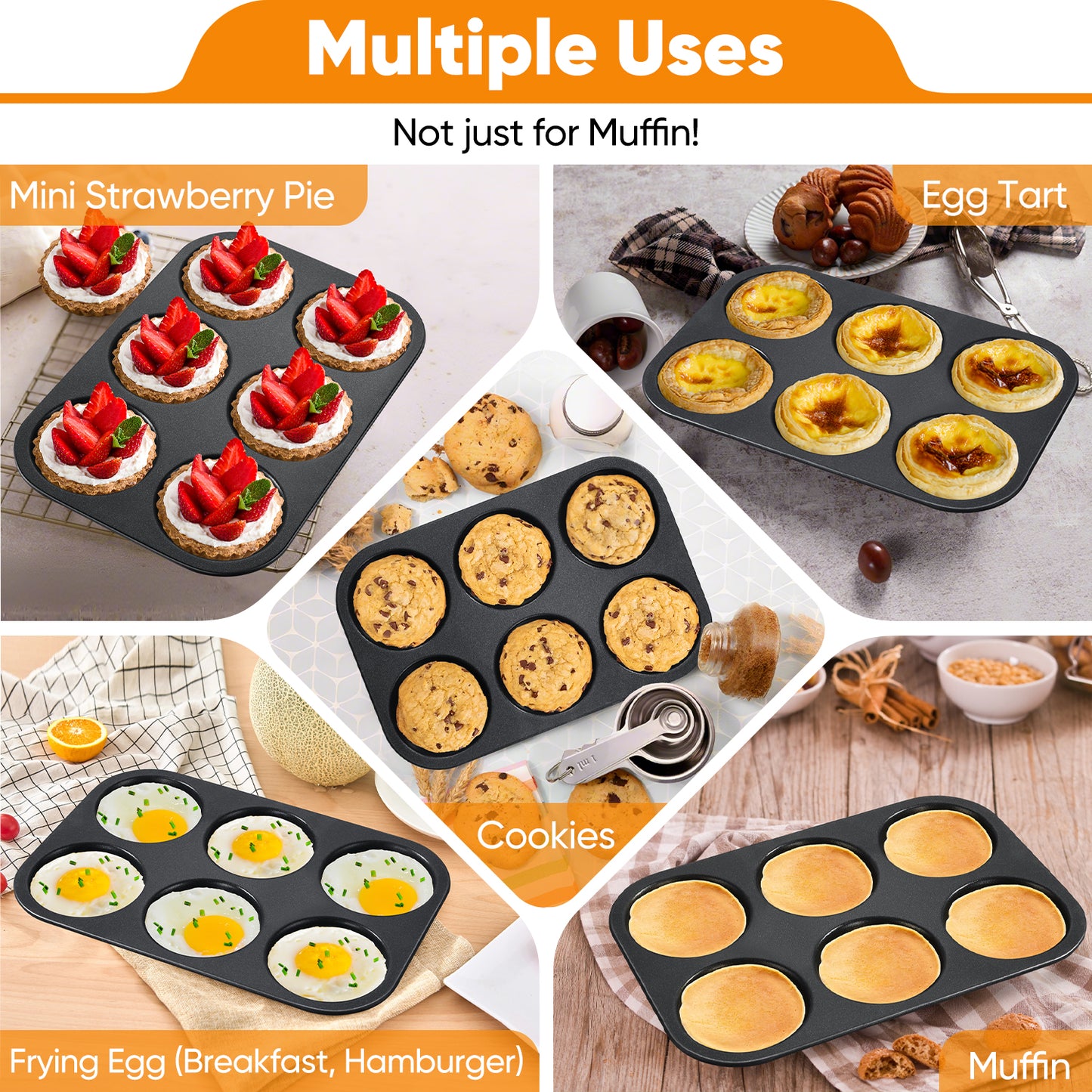 Vesteel Muffin Top Pan, 6-Cup Stainless Steel Cupcake Pan for Baking, 11” x 7.5” Regular Size Metal Pan Tin Tray for Mini Cake Cookie Egg Hamburger, Oven Safe