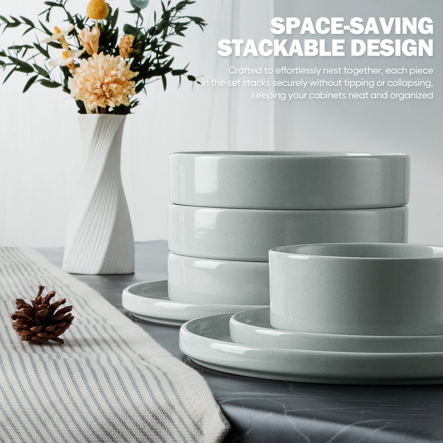 Vesteel 16 Pieces Dinnerware Sets, Premium Stoneware Dishes Set for 4, Speckled Plates and Bowls Set for Home Restaurant, Microwave and Dishwasher Safe - Mist Grey