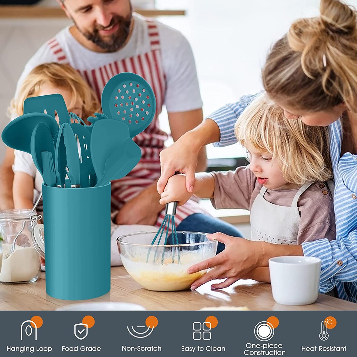 Vesteel 15-Piece Kitchen Utensils Set, Silicone Cooking Utensils with Holder, Non-stick Cookware Friendly & Heat Resistant - Teal Blue