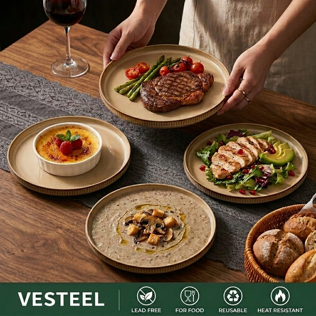 Vesteel Salad Plate for 4, 8 inch Stoneware Dinner plates with Textured Stripes, 4-Piece Ceramic Kitchen Plates for Dessert Salad, Dishwasher Safe & Microwave Safe, Khaki