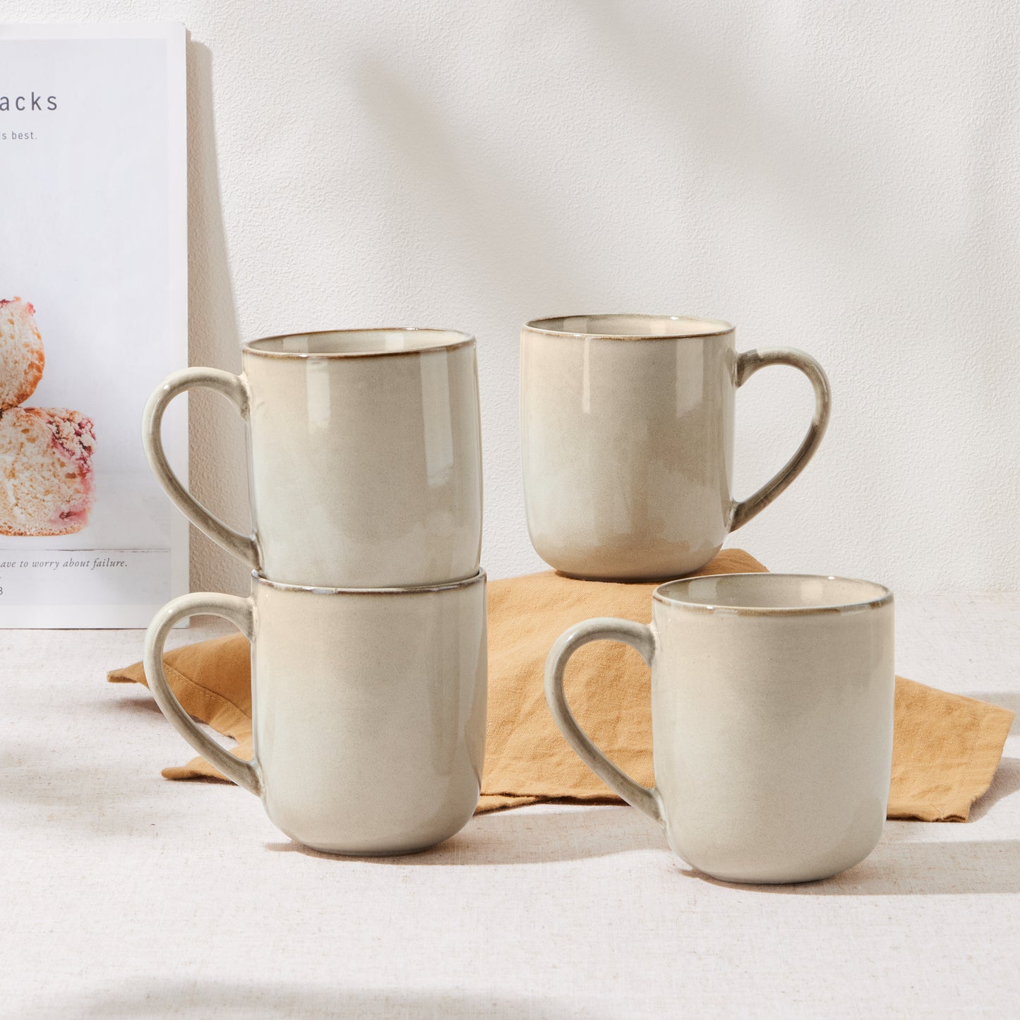 Vesteel Coffee Mug Set of 4, Ceramic Coffee Cups with Handles, 14oz Handmade Reactive Glaze Mugs Set for Coffee Tea Milk, Mug Gifts for Thanksgiving Day Anniversary, Khaki