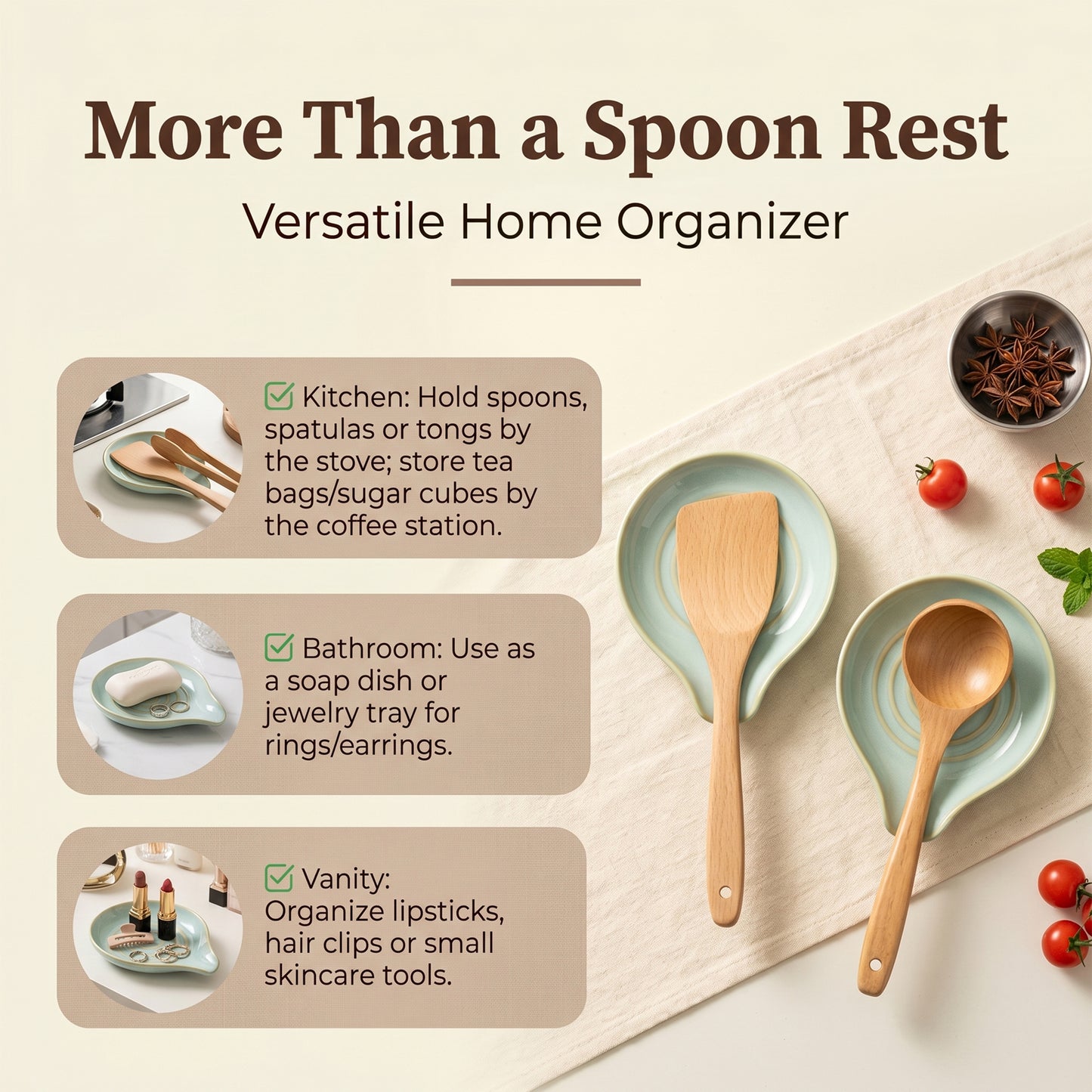Onader 2-Piece Spoon Rest, 5" Ceramic Spoon Holder for Kitchen Utensils Soup Ladle Slotted Turner Spatula, Cooking Utensil Rest for Kitchen Countertop, Light Green