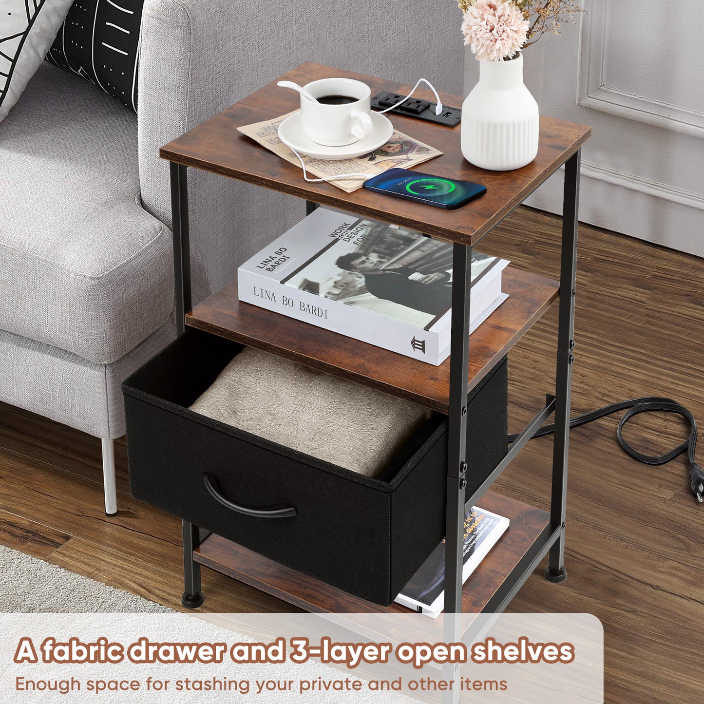 Vesteel Nightstand with Charging Station, 3-Tier Storage End Table with Drawer Shelf, Night Stand for Small Spaces, Bed Side Table for Living Room Bedroom - Rustic Brown