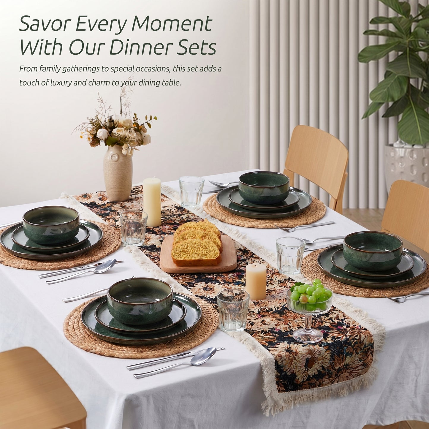 Onader 12 Piece Dinnerware Sets, Plates and Bowls Set for 4, Handmade Stoneware Dishes Sets for Home Restaurant, Dishwasher & Microwave Safe - Blackish Green