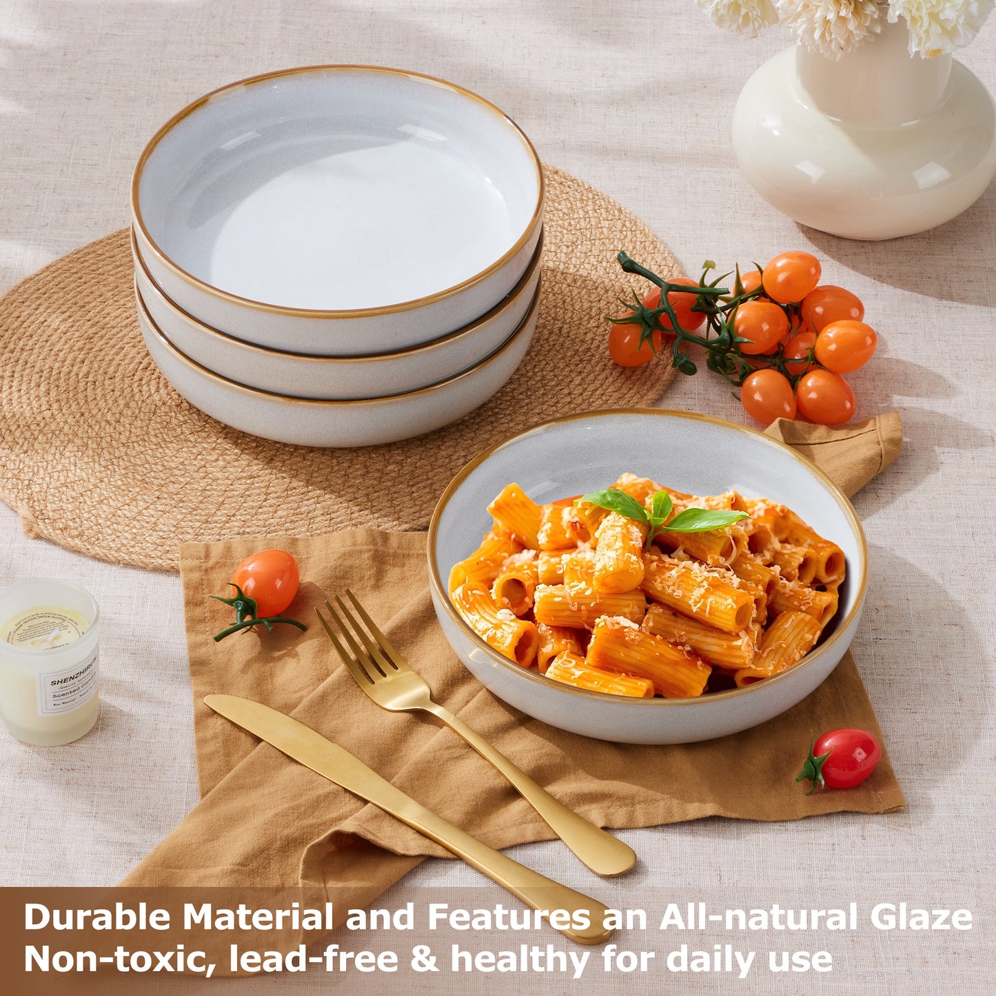 Vesteel Pasta Bowl Set of 4, 22oz Stoneware Salad Pasta Serving Bowls for Soup Dinner Cereal, Microwave & Dishwasher Safe, Seashell White