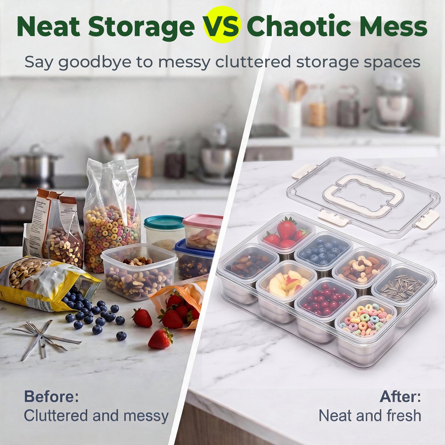 Vesteel Stainless Steel Snackle Box Container, 8-Compartment Divided Tray with Lid and Handle, Portable Snack Container for Fruit Candy Nuts, Snack Serving Platter for Beach Travel & Picnic