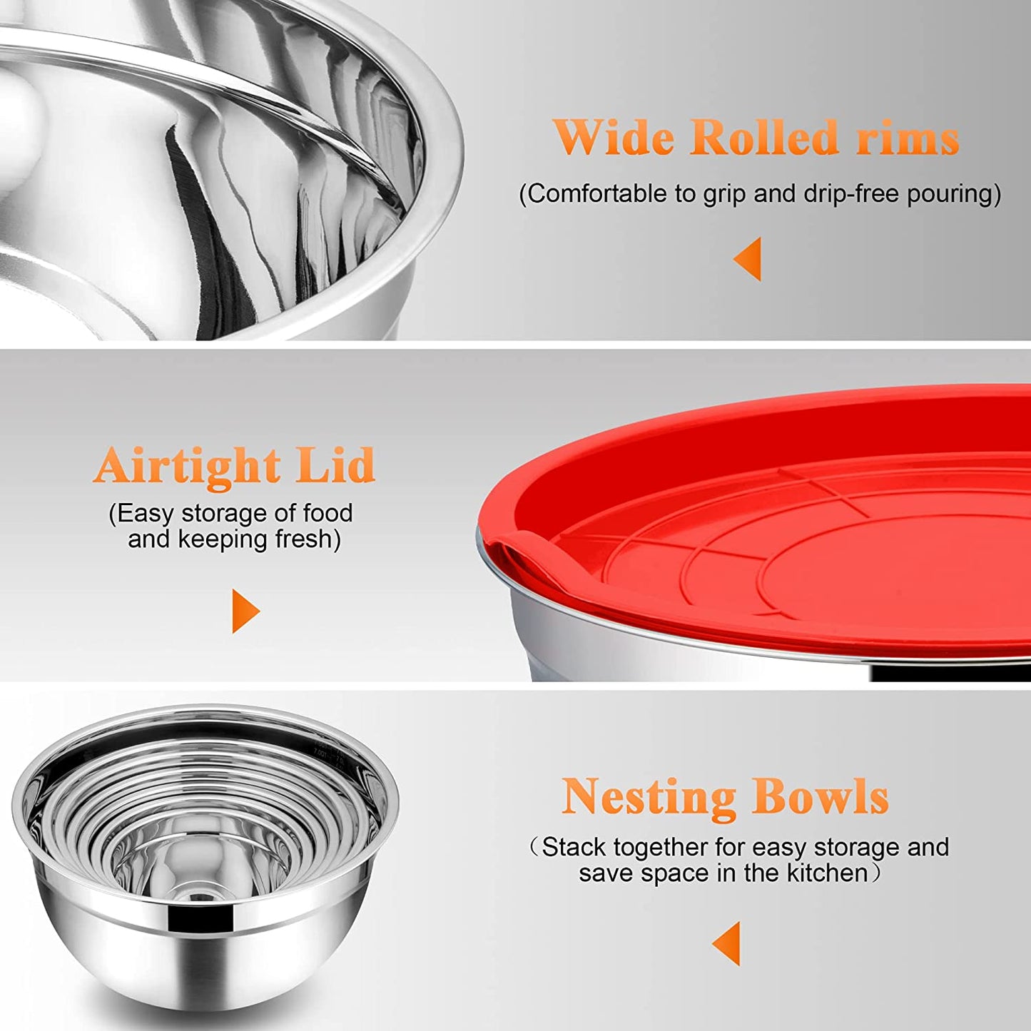 Vesteel 7 Pcs Stainless Steel Mixing Bowls, Metal Nesting Salad Bowls with Lids, 4.5/3.5/3/2.5/1.5/1.2/0.7 QT - Multi-Color